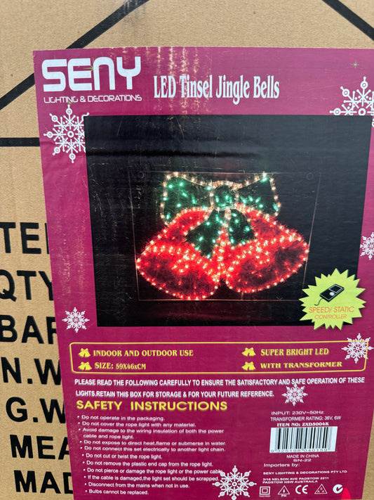LED tinsel jingle bells with red and green lights and decorative bow