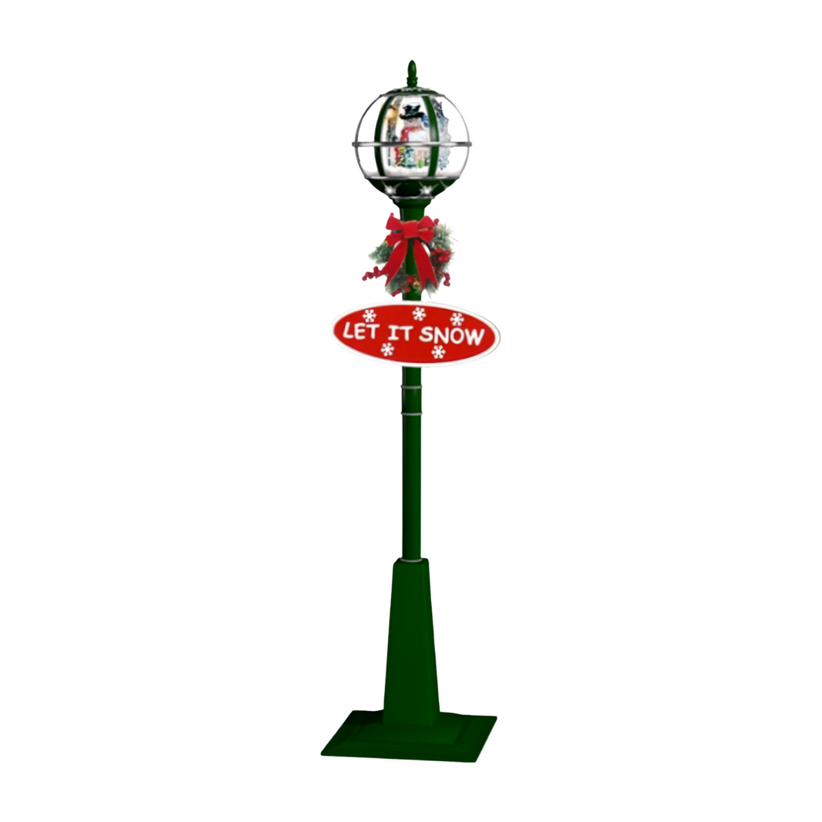 Let It Snow lamp post with snowman scene, LED lights, and musical snow effect