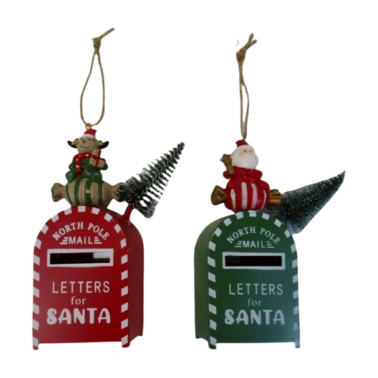 Red and green “Letters for Santa” mailbox decorations with Santa and a helper figure holding Christmas trees