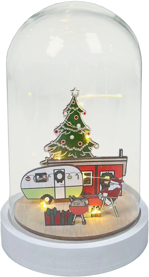 Light-up glass dome with Christmas caravan scene, tree, and Santa on wooden base