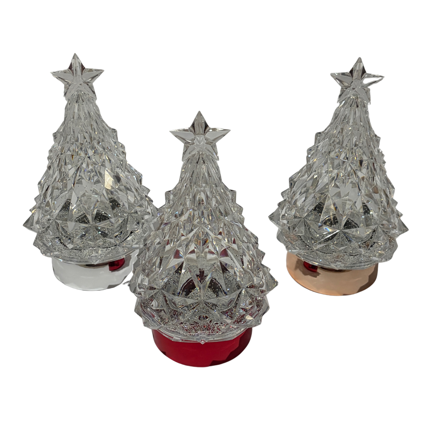 Three decorative Christmas trees with star tops on a white background