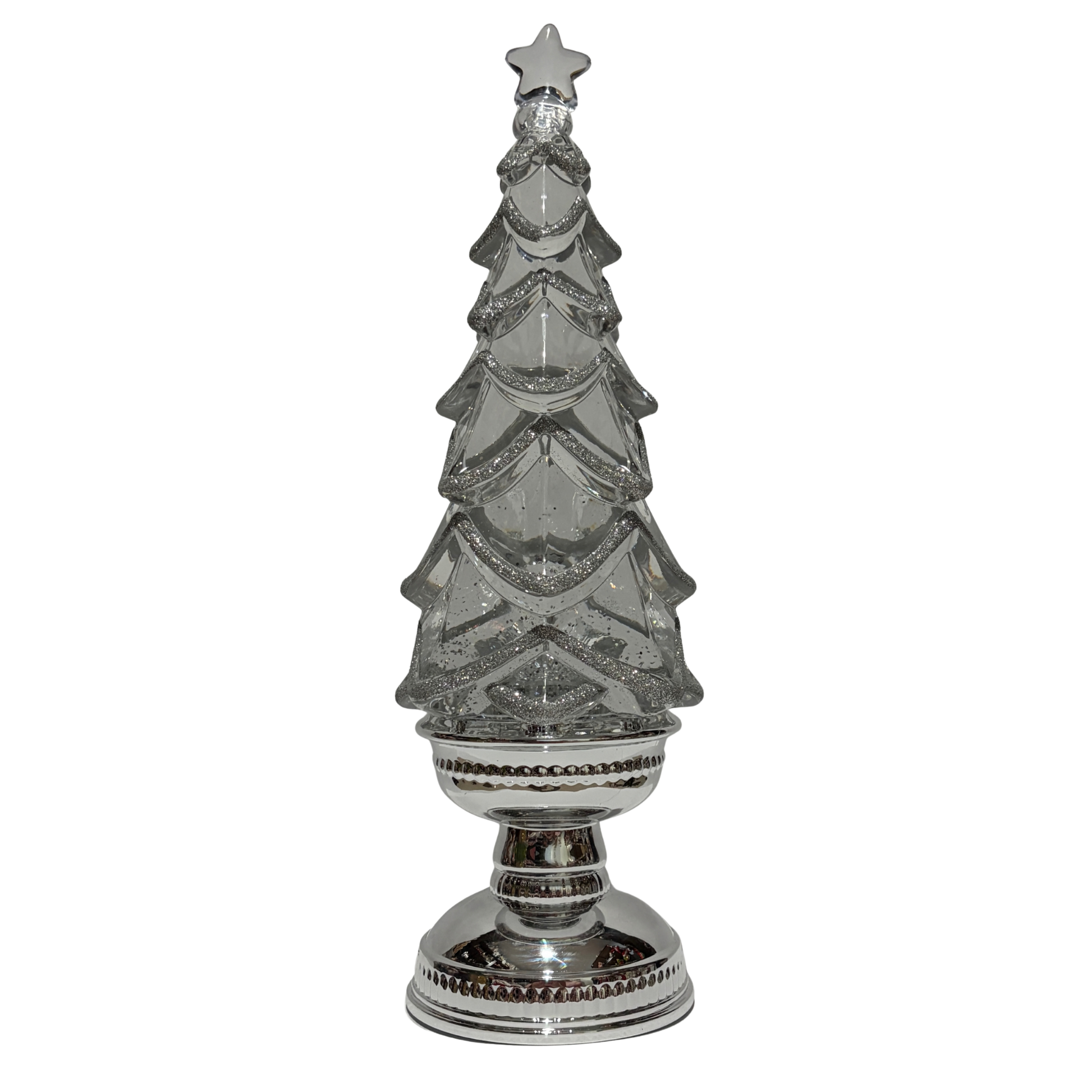 Decorative silver Christmas tree with a star on top against a white background