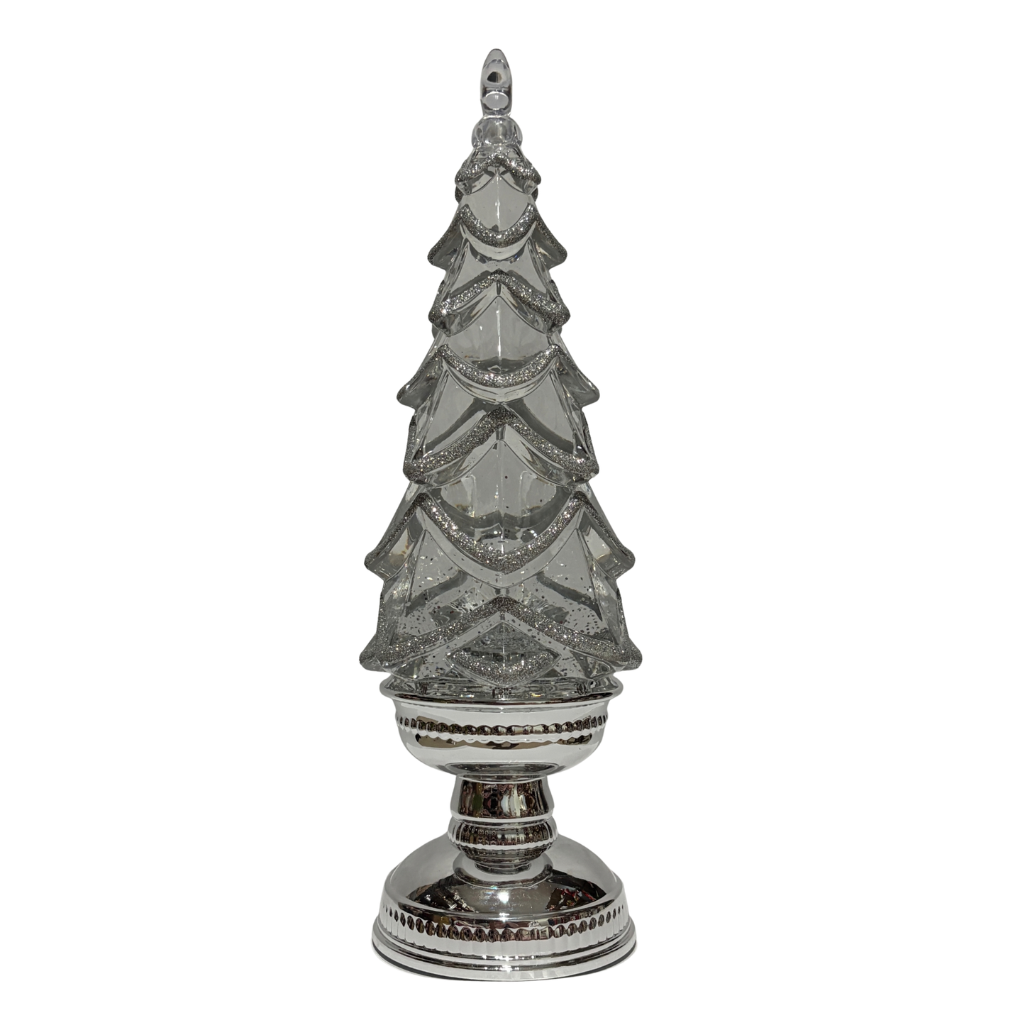 Decorative silver Christmas tree ornament on a white background