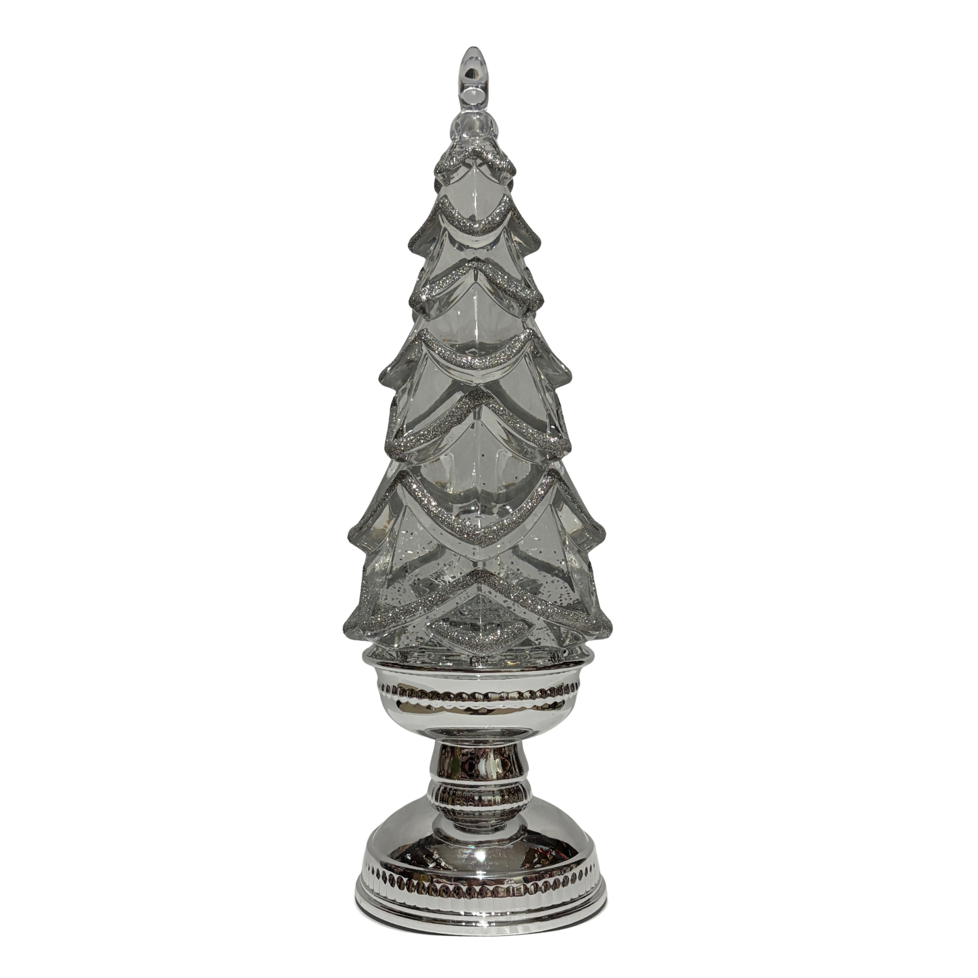 Decorative silver Christmas tree ornament on a white background
