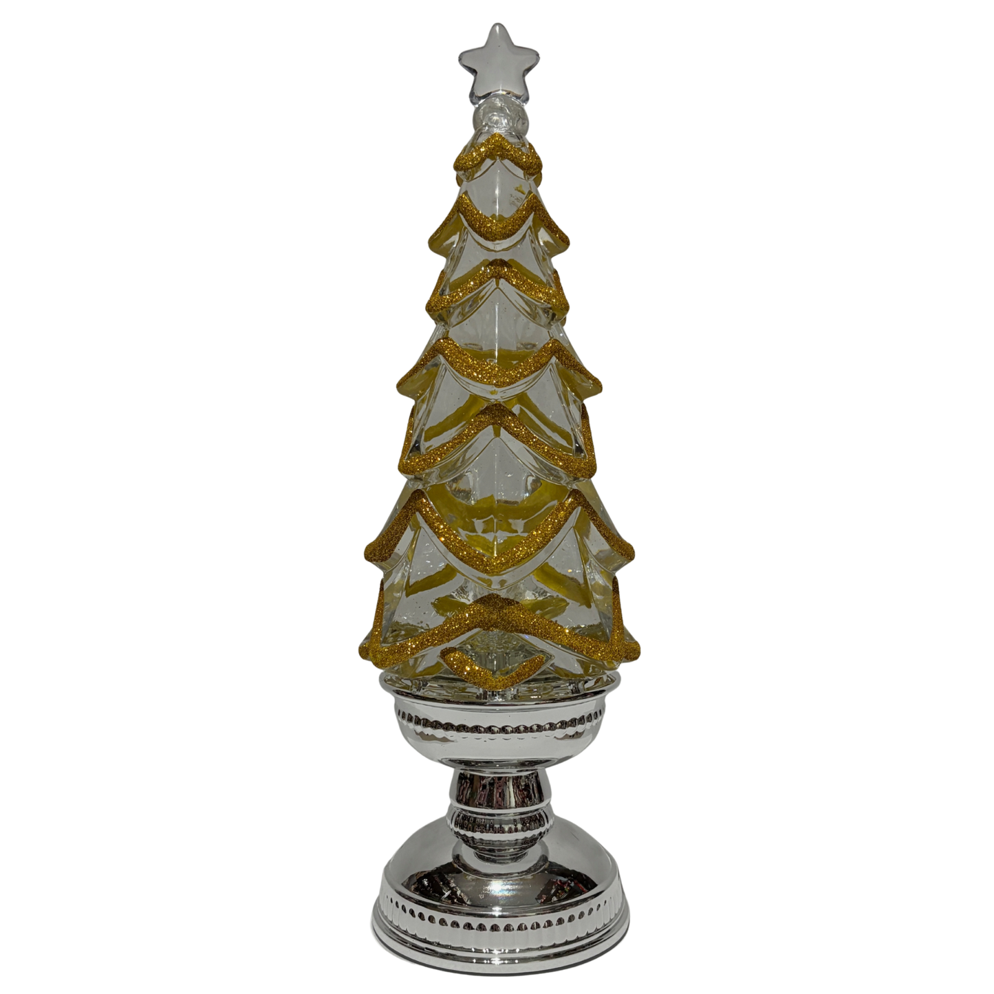Decorative Christmas tree figurine with gold glitter and silver base on a white background