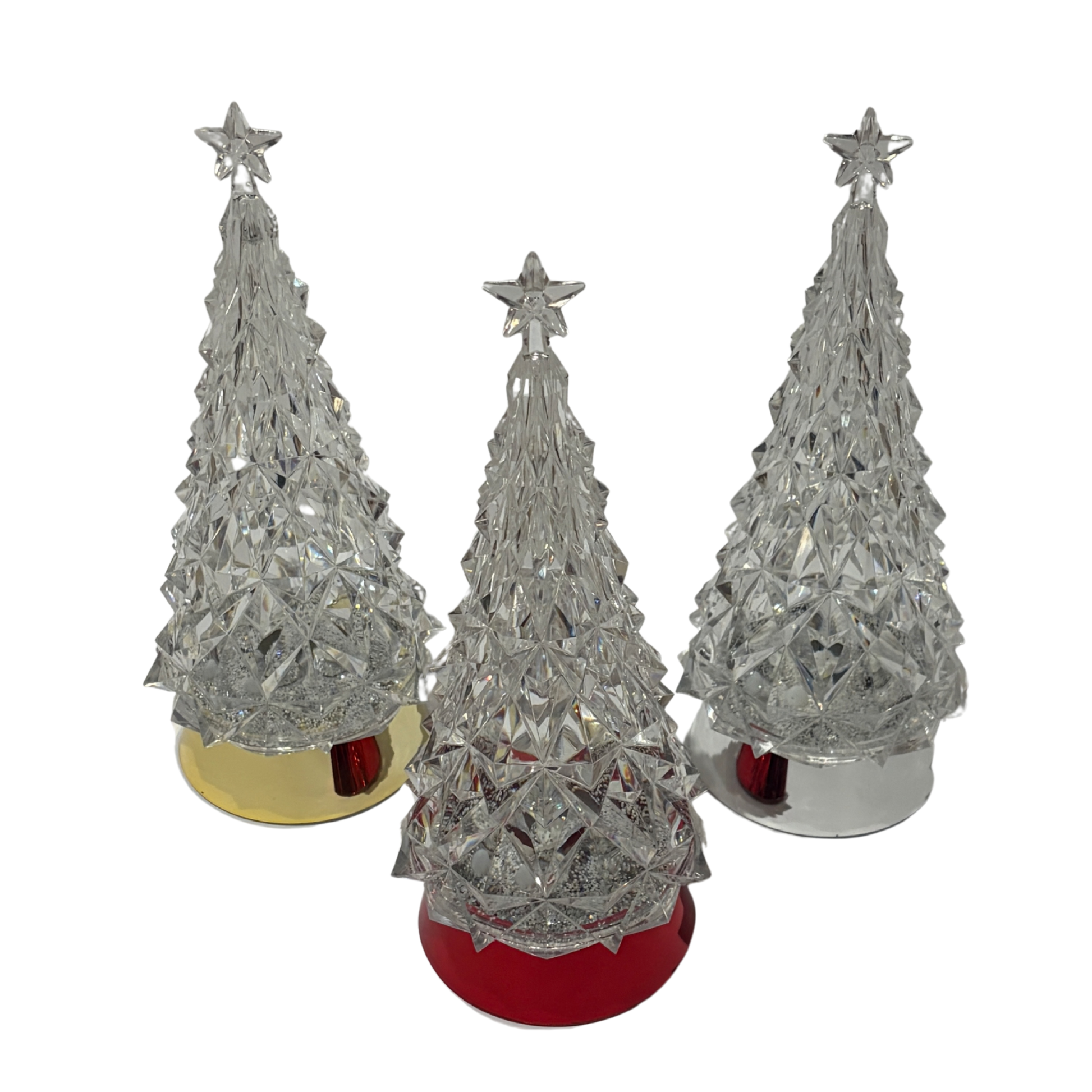 Three silver Christmas tree decorations with star toppers on a white background