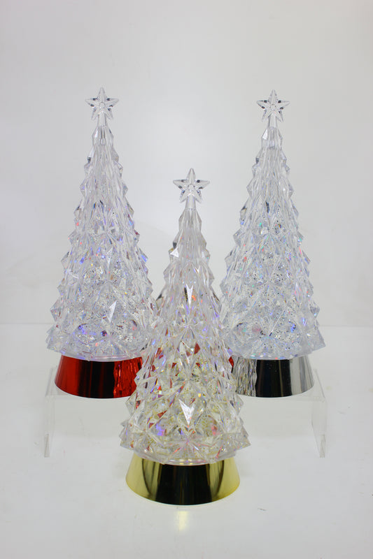 Three iridescent colour-changing Christmas trees with red, gold, and silver bases