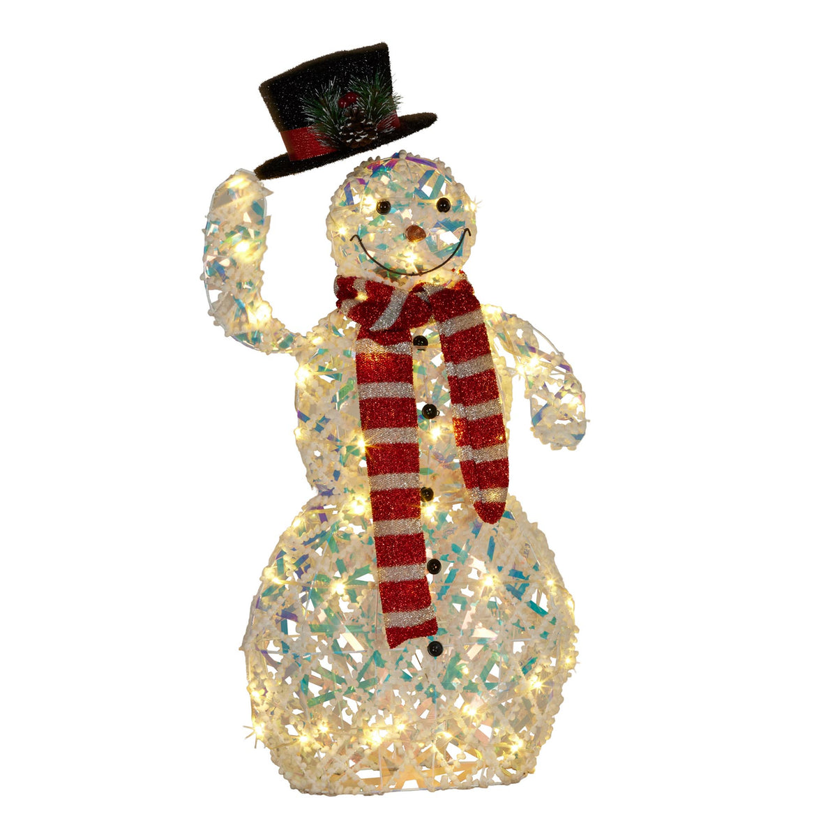Light-up iridescent snowman decoration wearing a black top hat and red striped scarf, one arm raised