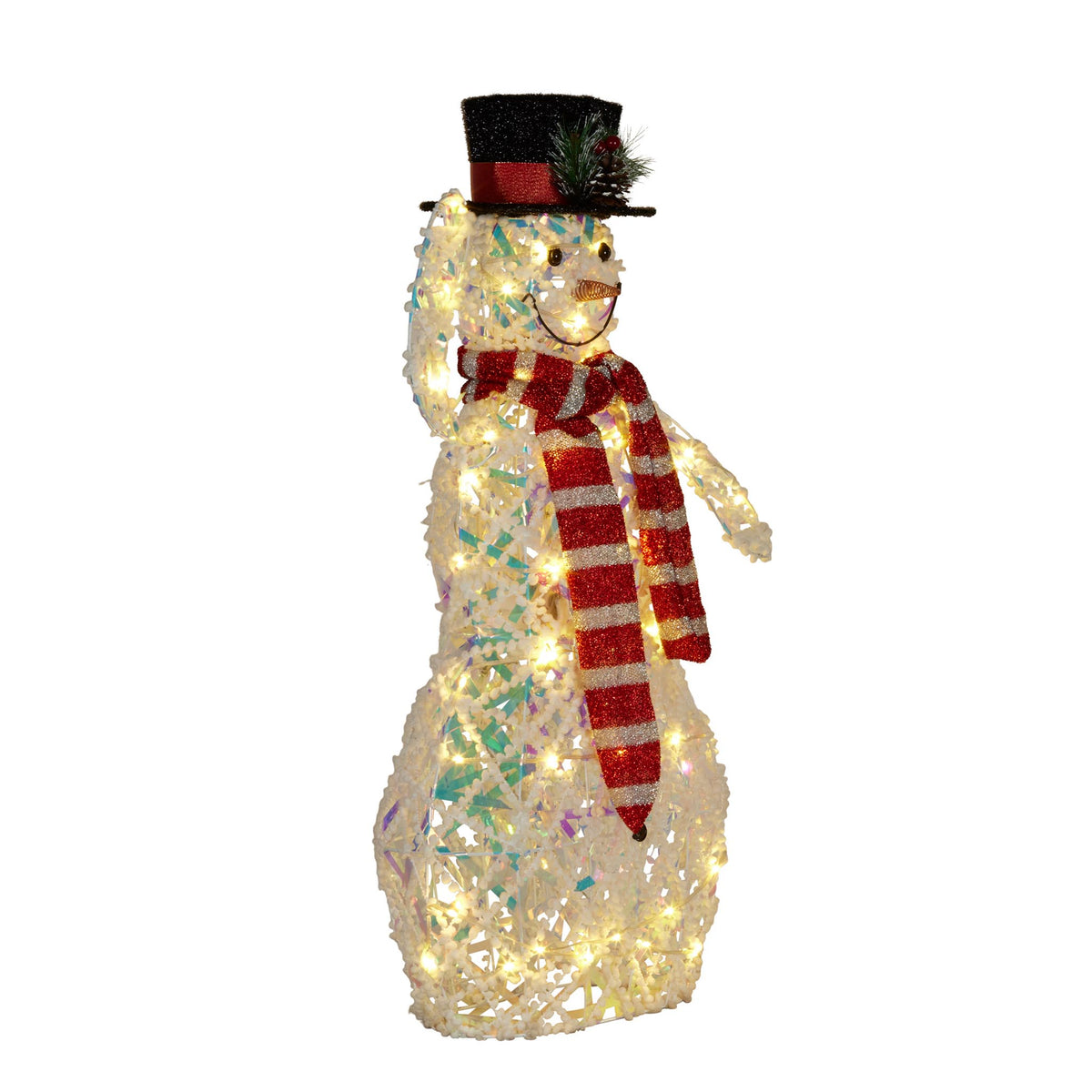 Side angle of light-up iridescent snowman with top hat, pine sprig and red striped scarf, glowing warm white