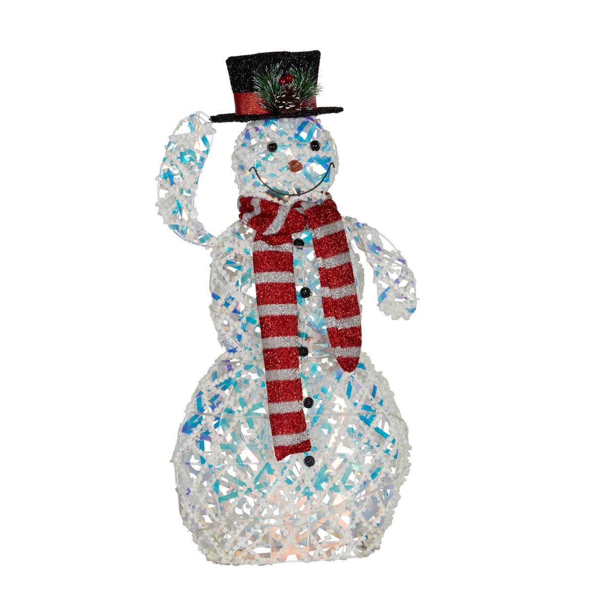 Front view of light-up iridescent snowman decoration with button details, top hat and red striped scarf lit up