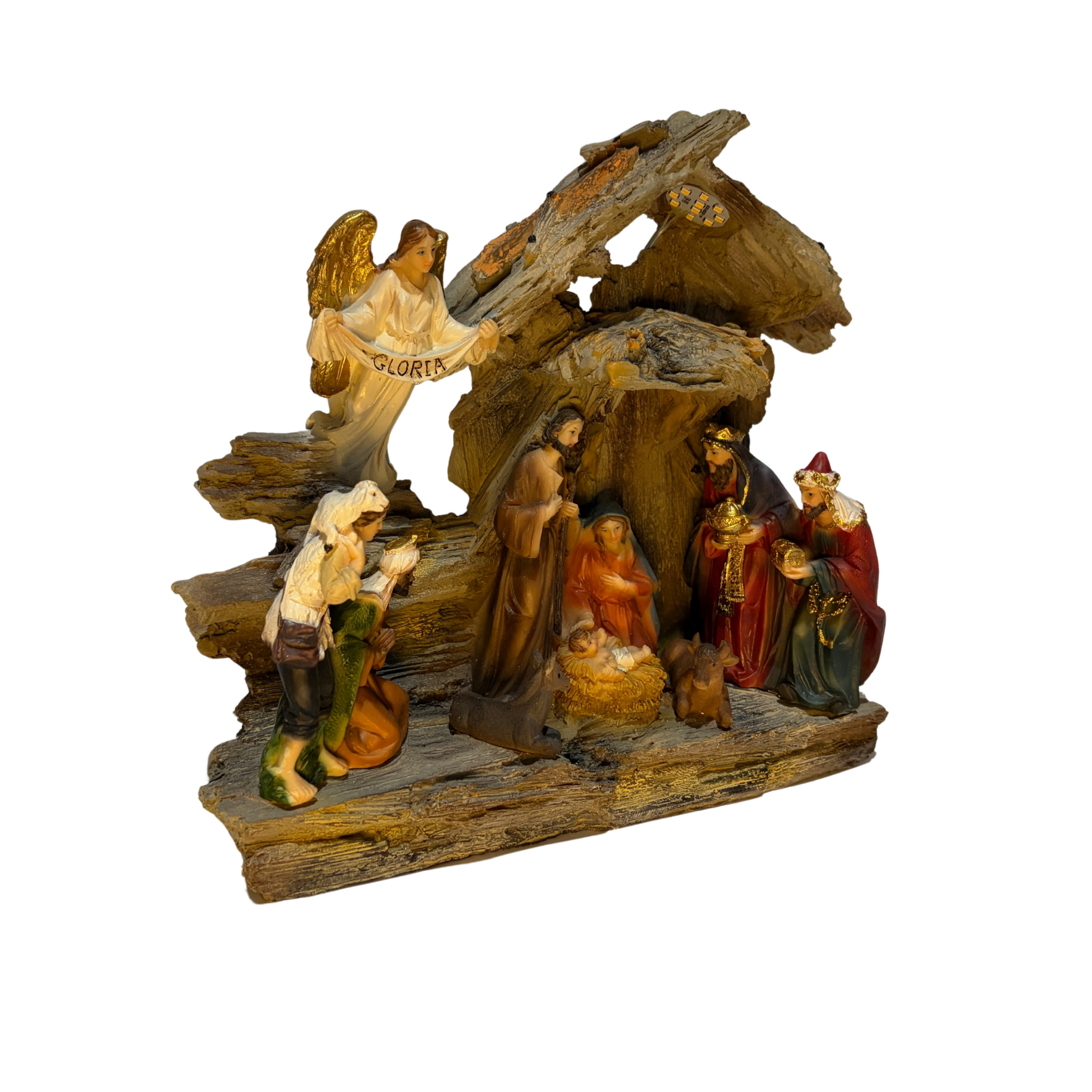 Light-up nativity scene featuring Mary, Joseph, Baby Jesus, the Three Wise Men, a shepherd, and an angel in a rustic stable