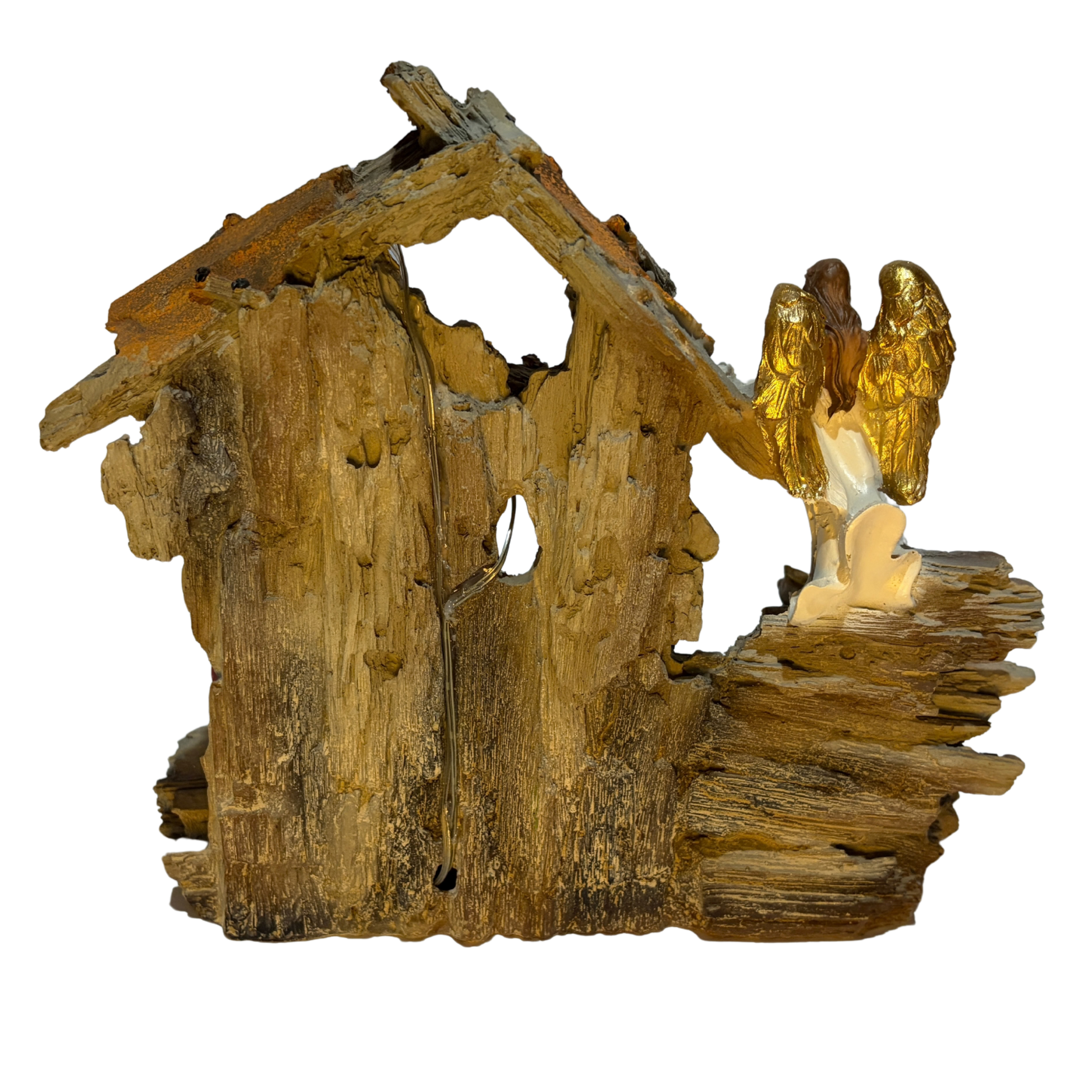 Light-up nativity scene featuring Mary, Joseph, Baby Jesus, the Three Wise Men, a shepherd, and an angel in a rustic stable