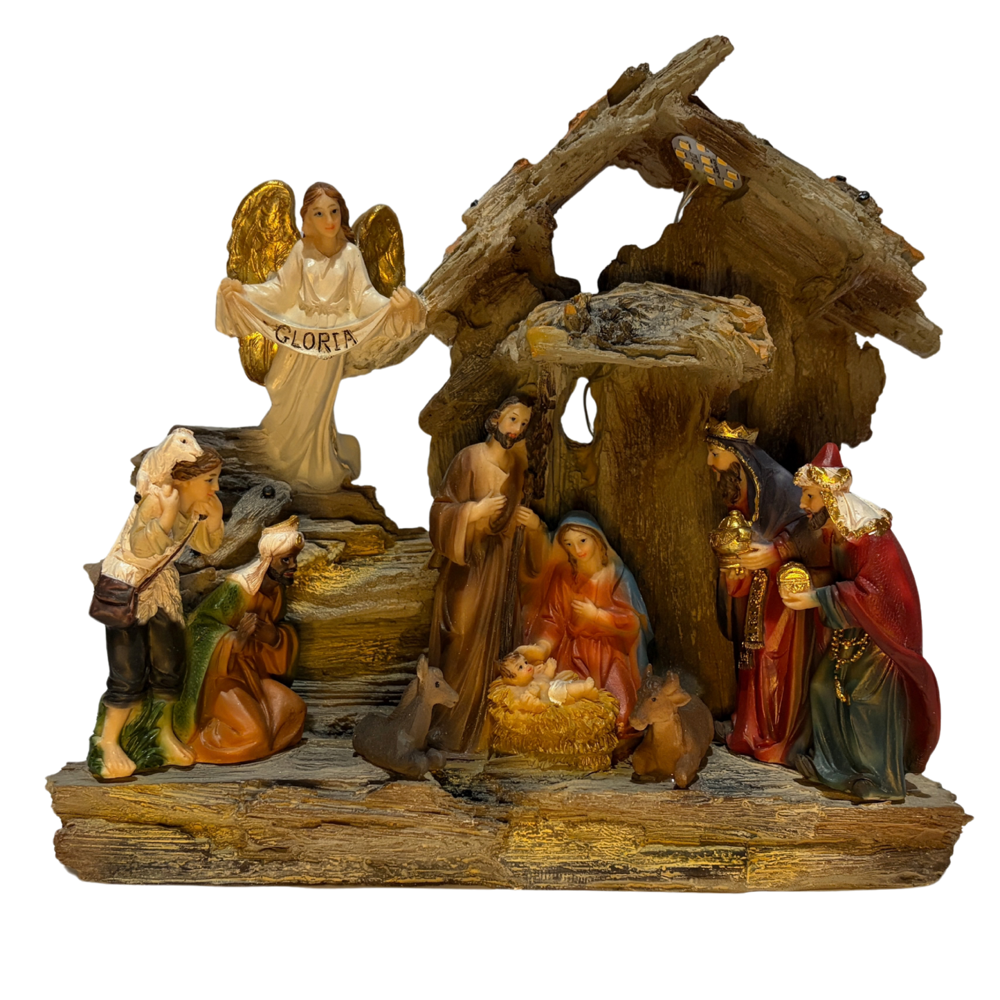 Light-up nativity scene featuring Mary, Joseph, Baby Jesus, the Three Wise Men, a shepherd, and an angel in a rustic stable