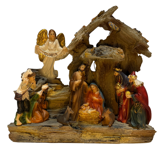 Light-up nativity scene featuring Mary, Joseph, Baby Jesus, the Three Wise Men, a shepherd, and an angel in a rustic stable