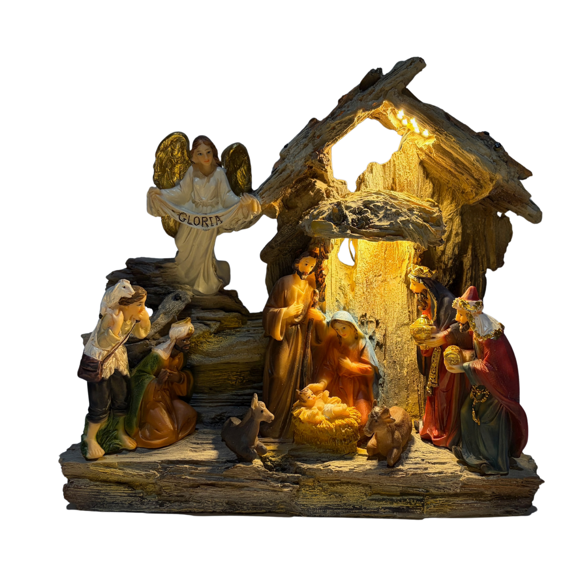 Light-up nativity scene featuring Mary, Joseph, Baby Jesus, the Three Wise Men, a shepherd, and an angel in a rustic stable