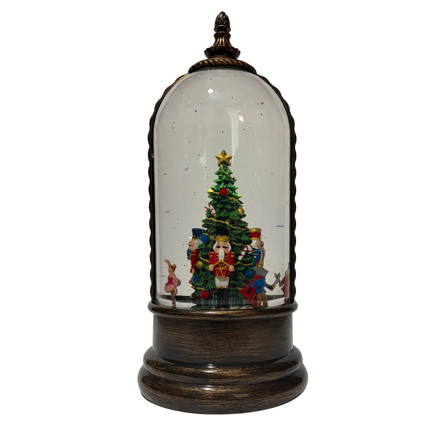 Light up dome with Nutcracker ballet characters around a Christmas tree on antique bronze base