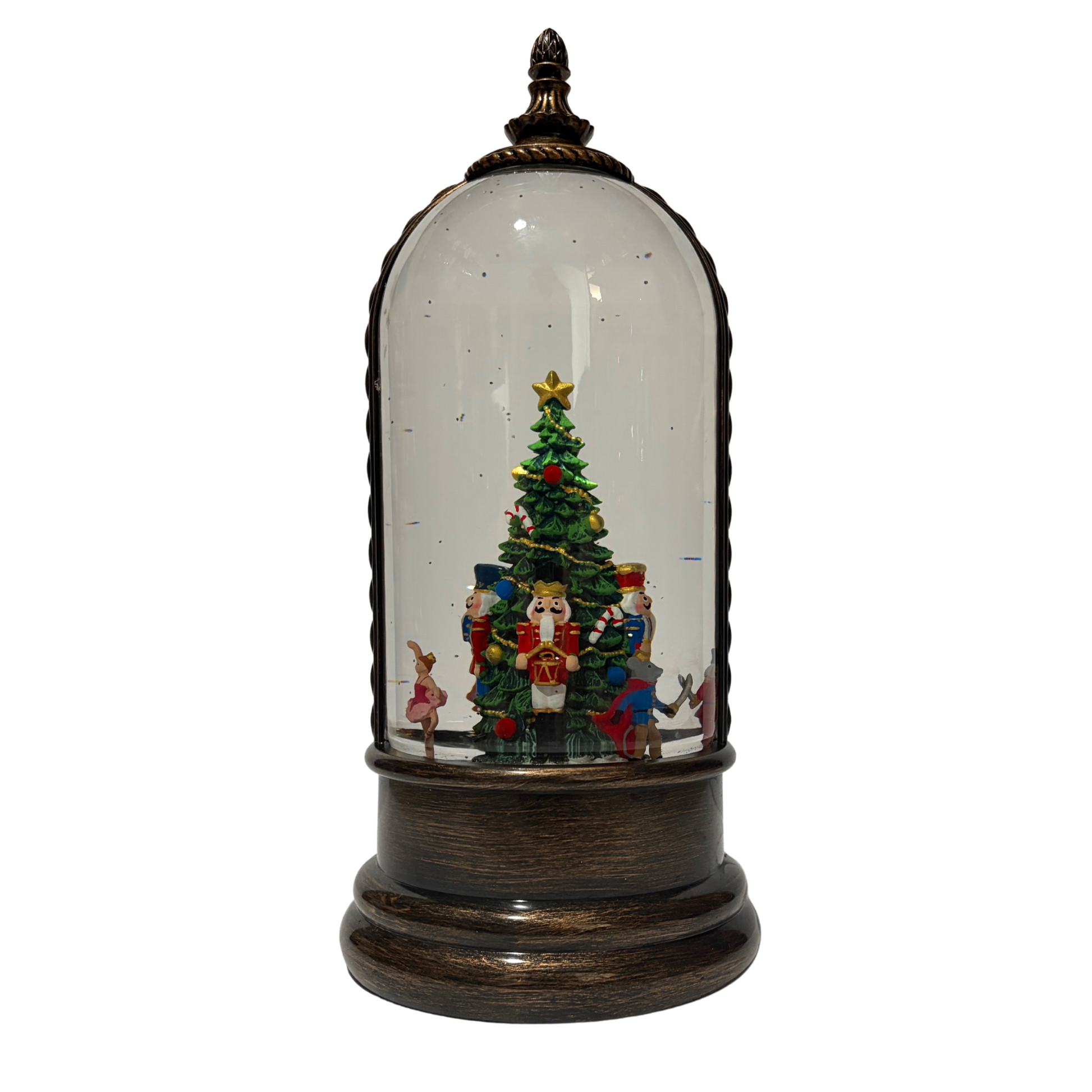 Light up dome with Nutcracker ballet characters around a Christmas tree on antique bronze base