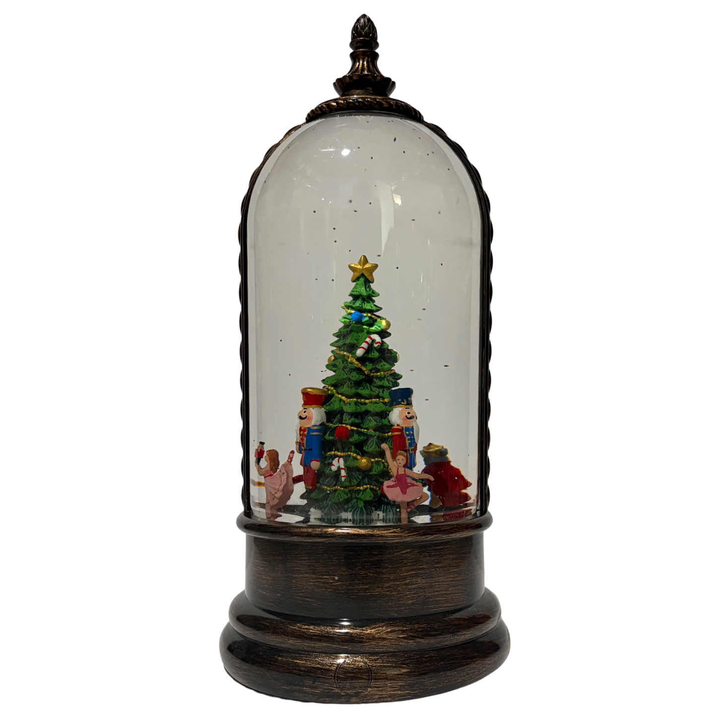 Light up dome with Nutcracker ballet characters around a Christmas tree on antique bronze base