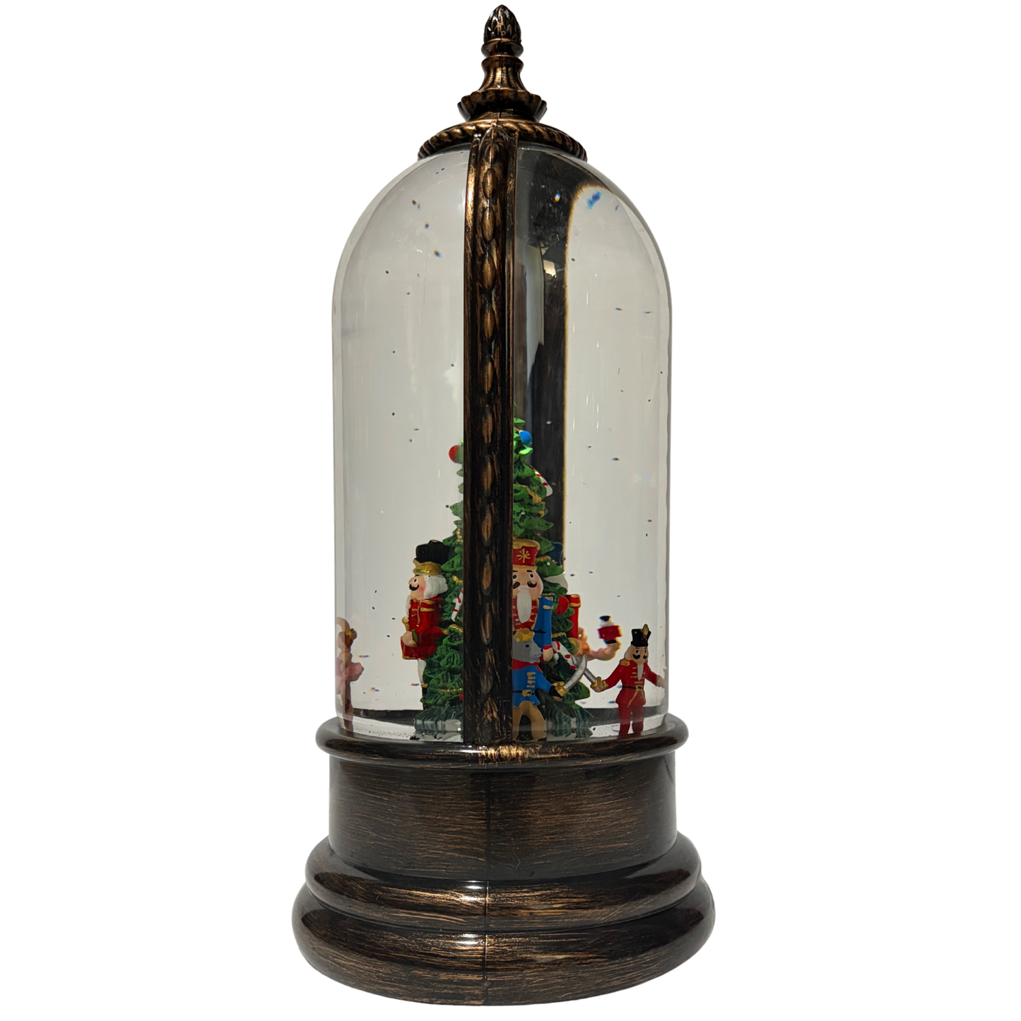 Light up dome with Nutcracker ballet characters around a Christmas tree on antique bronze base
