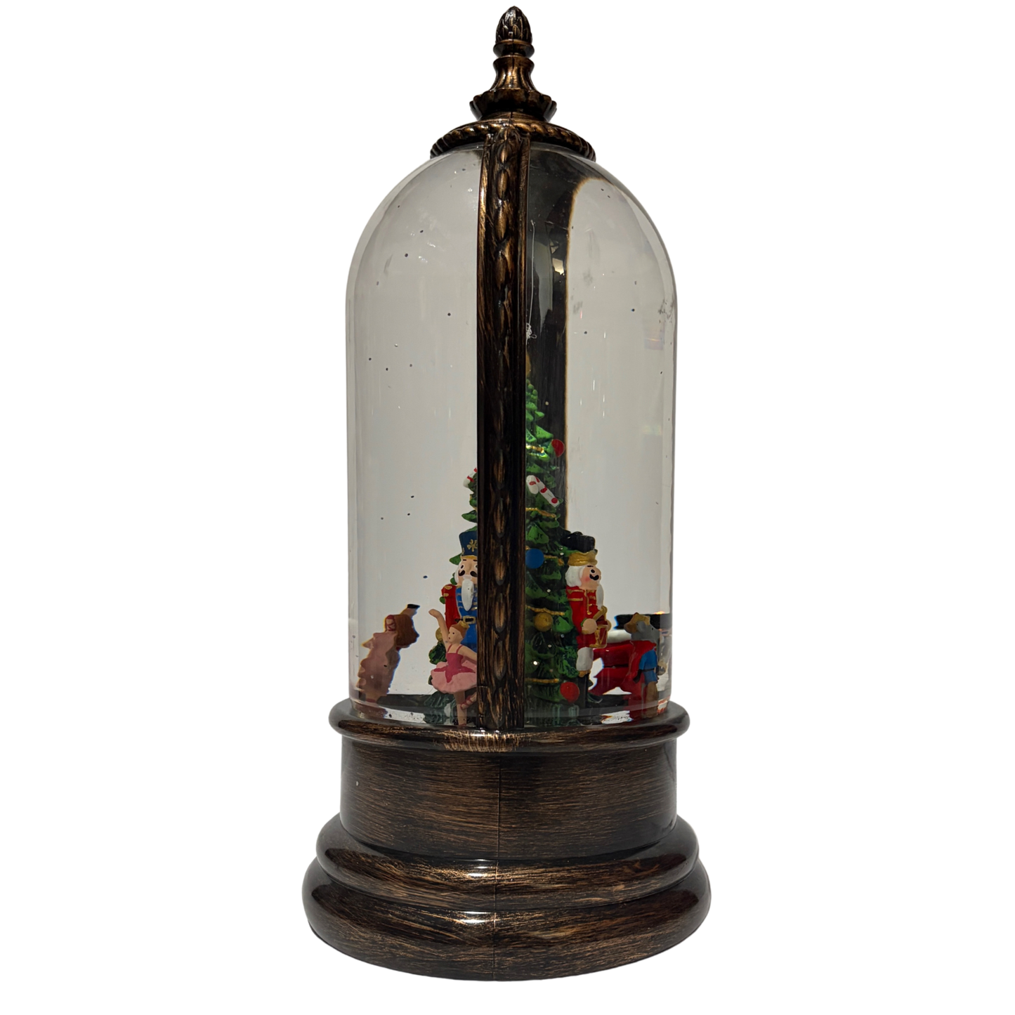 Light up dome with Nutcracker ballet characters around a Christmas tree on antique bronze base