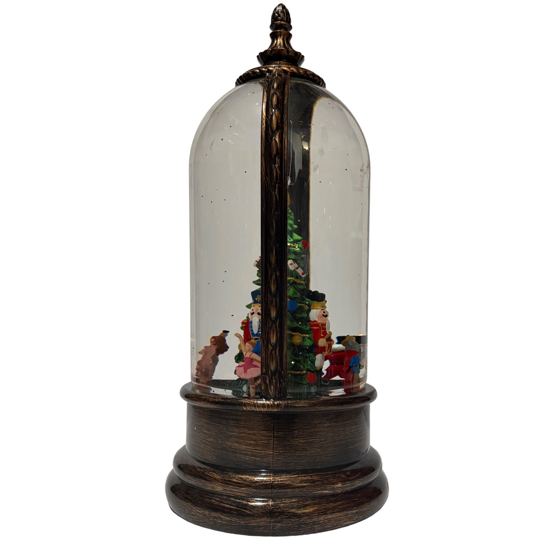 Light up dome with Nutcracker ballet characters around a Christmas tree on antique bronze base