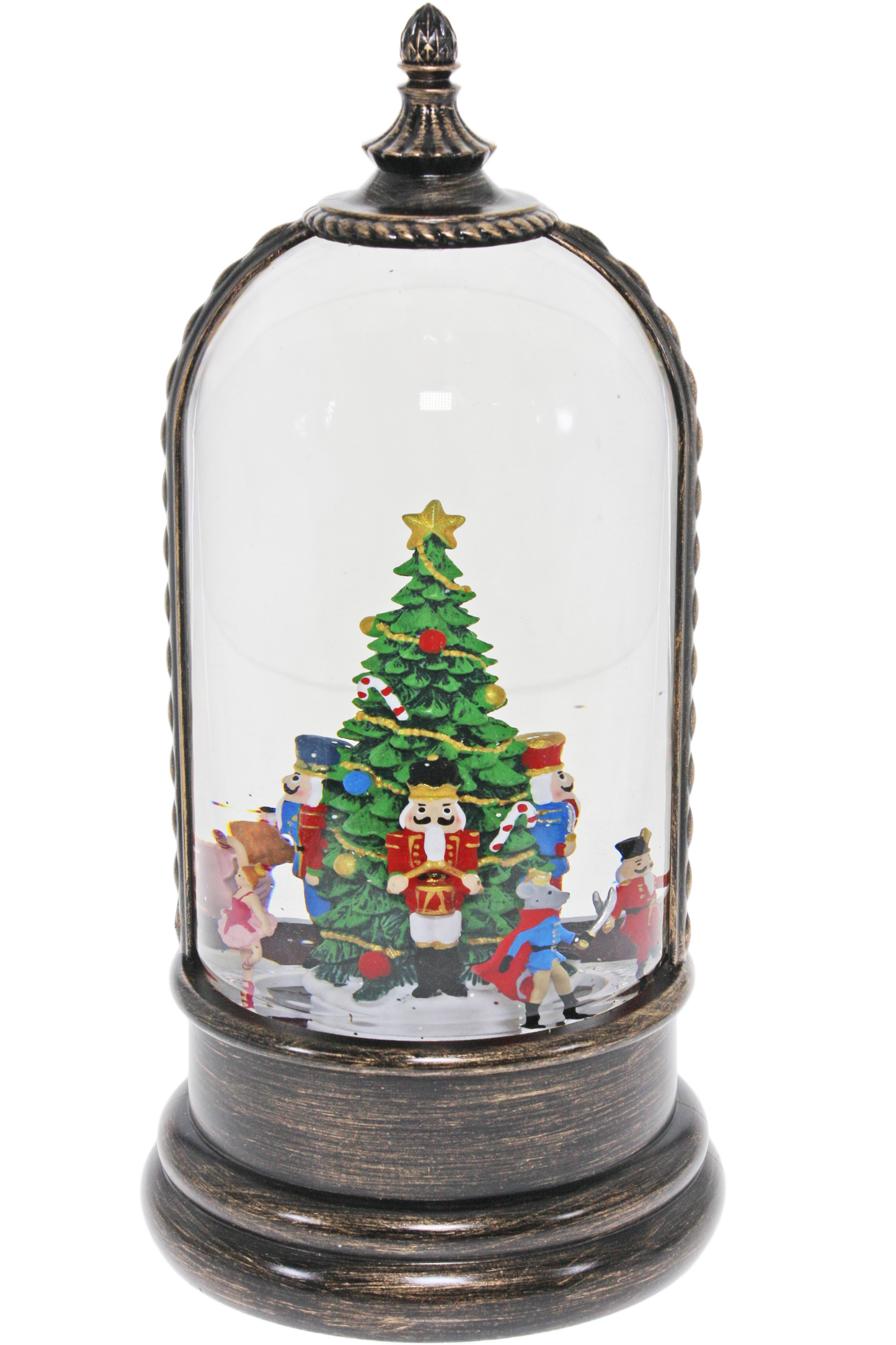 Light up dome with Nutcracker ballet characters around a Christmas tree on antique bronze base