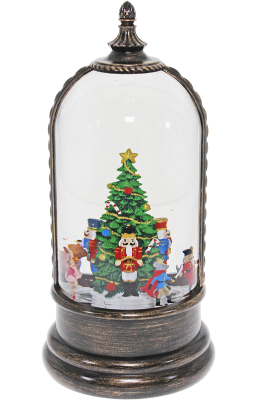 Light up dome with Nutcracker ballet characters around a Christmas tree on antique bronze base