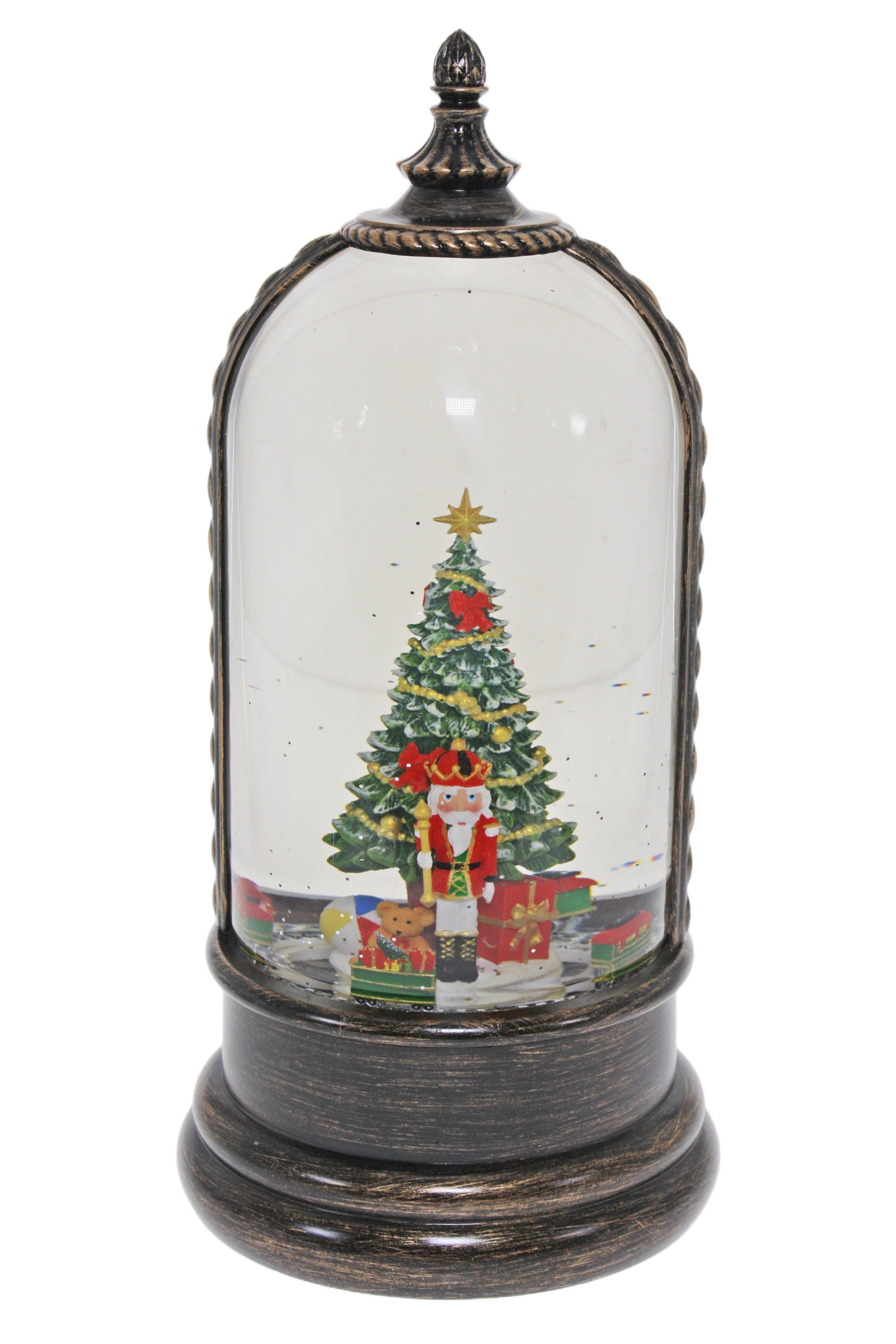 Light up dome with nutcracker and Christmas tree scene on antique bronze base