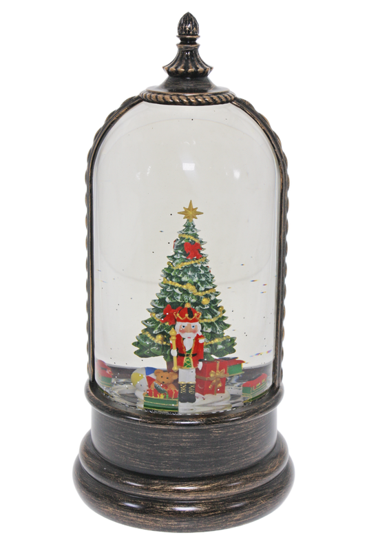 Light up dome with nutcracker and Christmas tree scene on antique bronze base