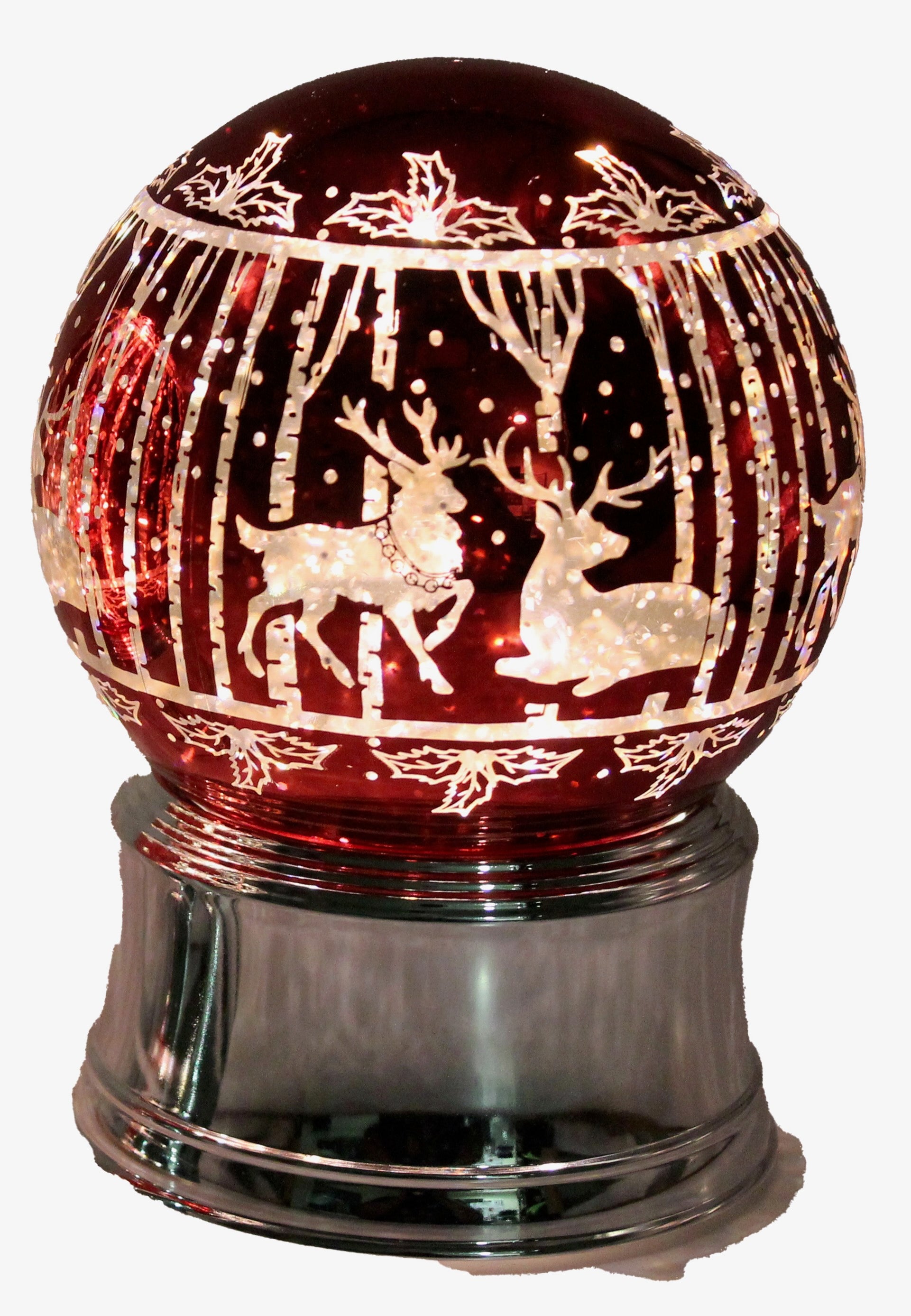 Light up red glass globe with silver reindeer forest design on silver base