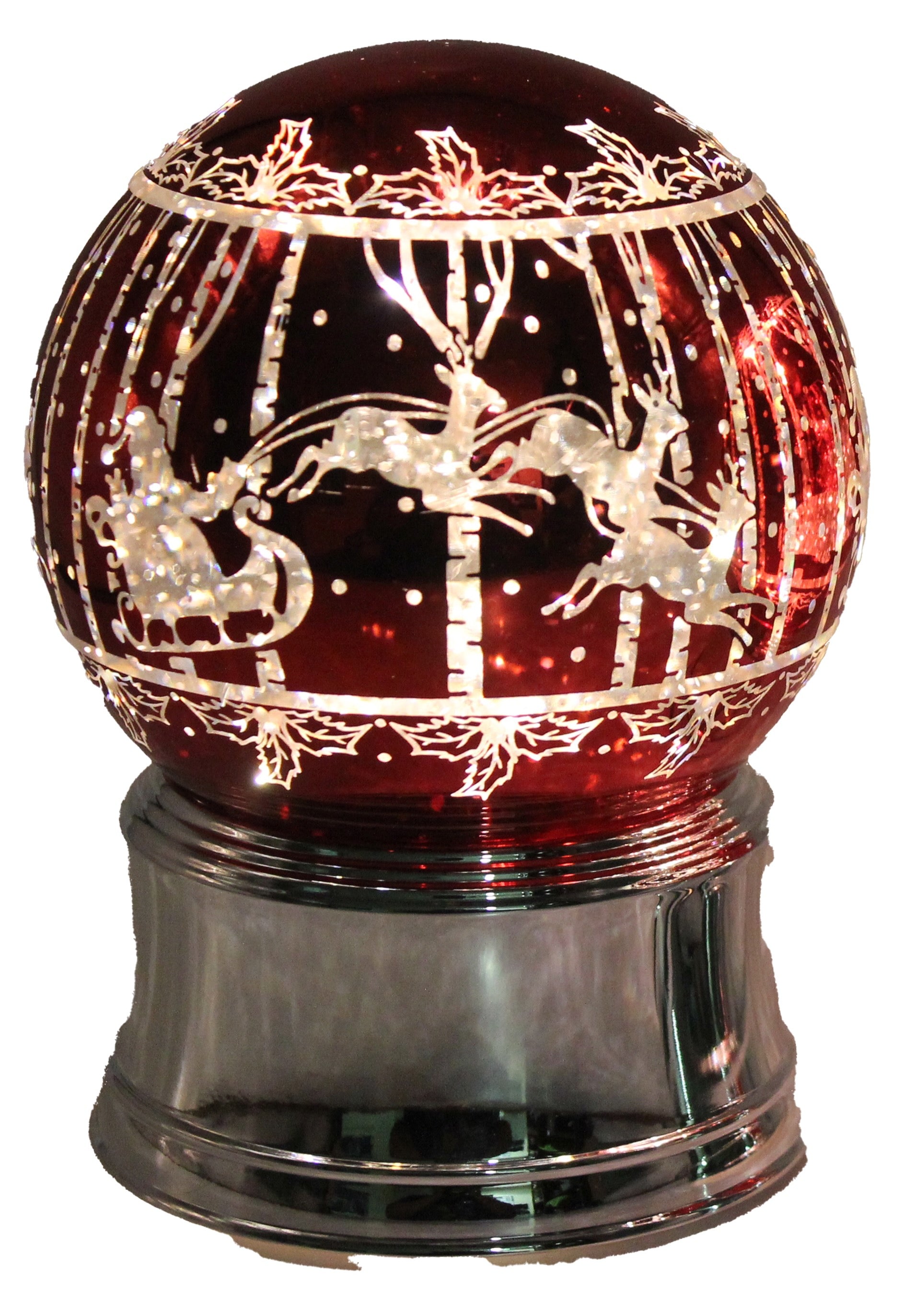 Light up red globe with silver Santa sleigh and reindeer design on silver base
