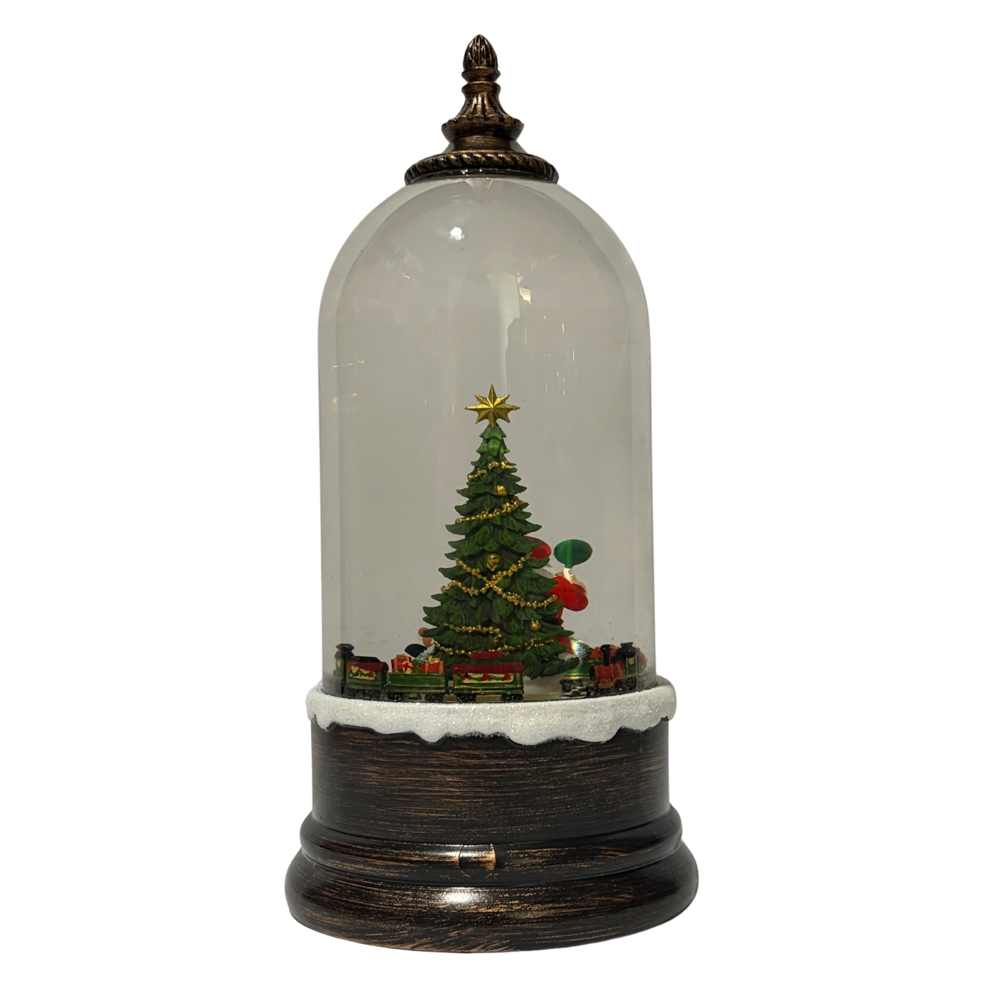 Light up dome with Santa and Christmas tree scene on antique bronze base