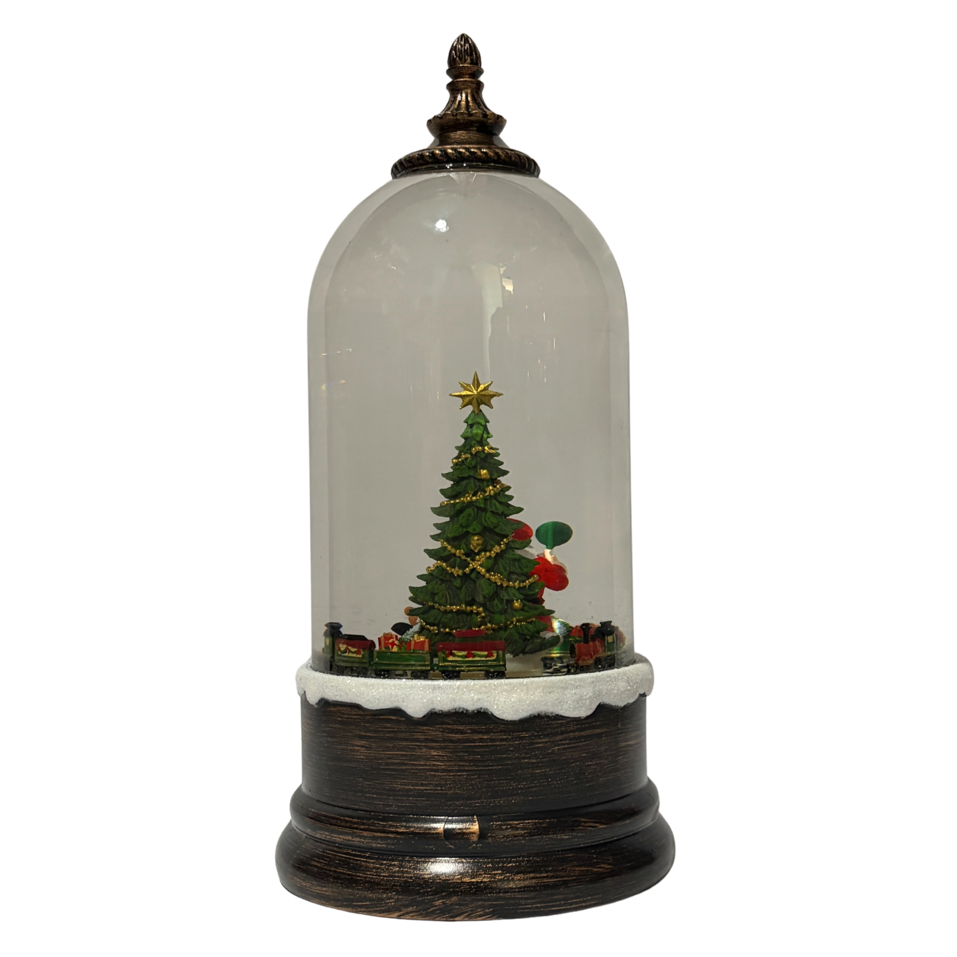 Light up dome with Santa and Christmas tree scene on antique bronze base