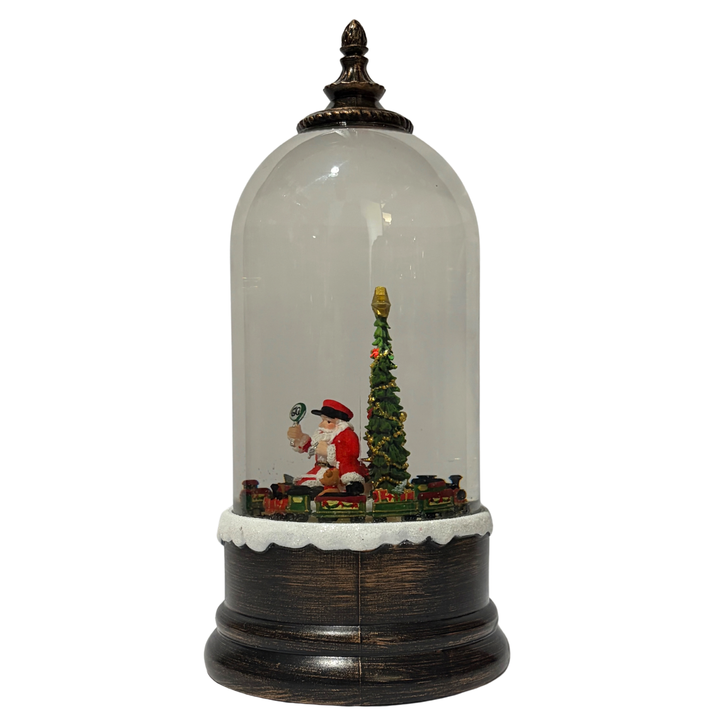 Light up dome with Santa and Christmas tree scene on antique bronze base