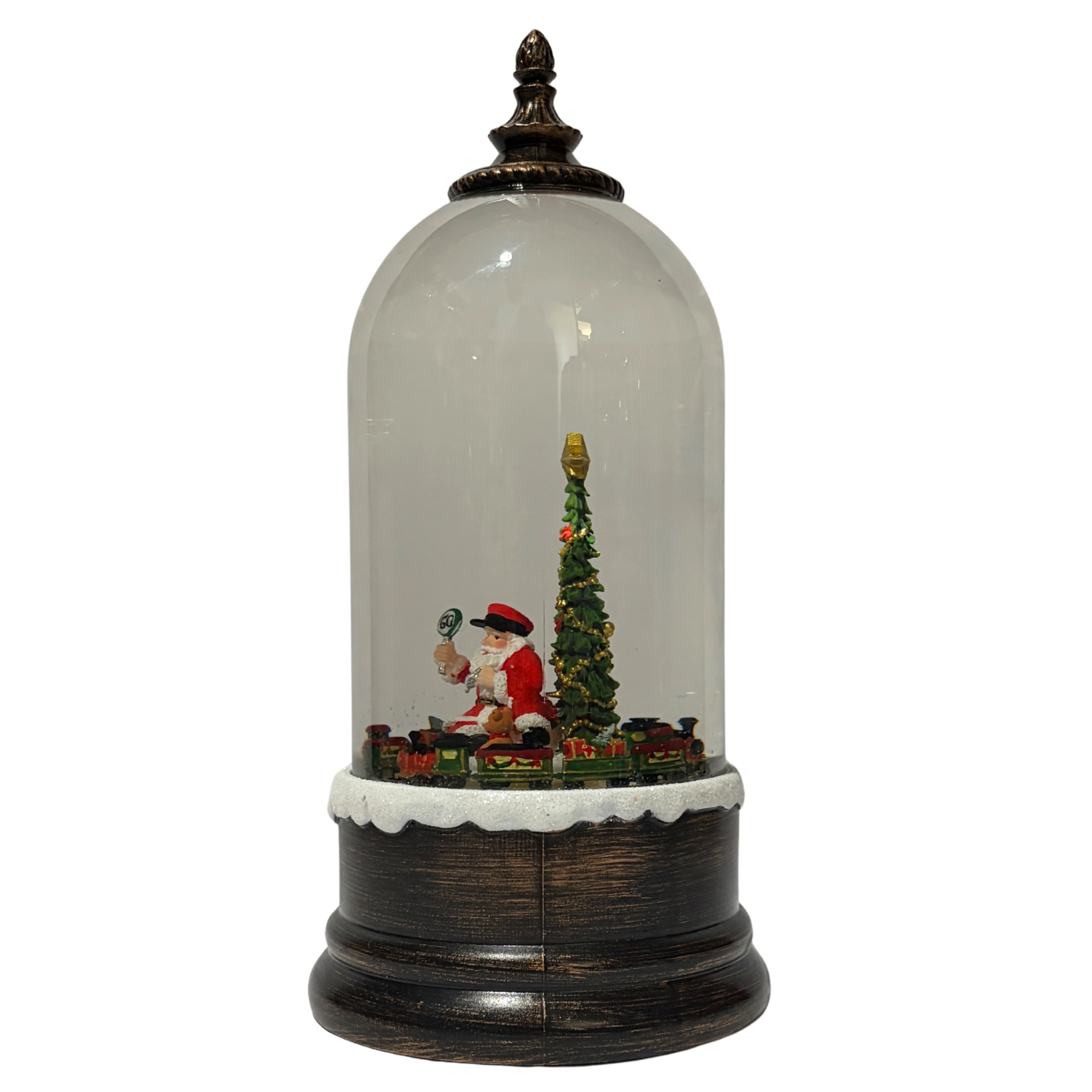Light up dome with Santa and Christmas tree scene on antique bronze base