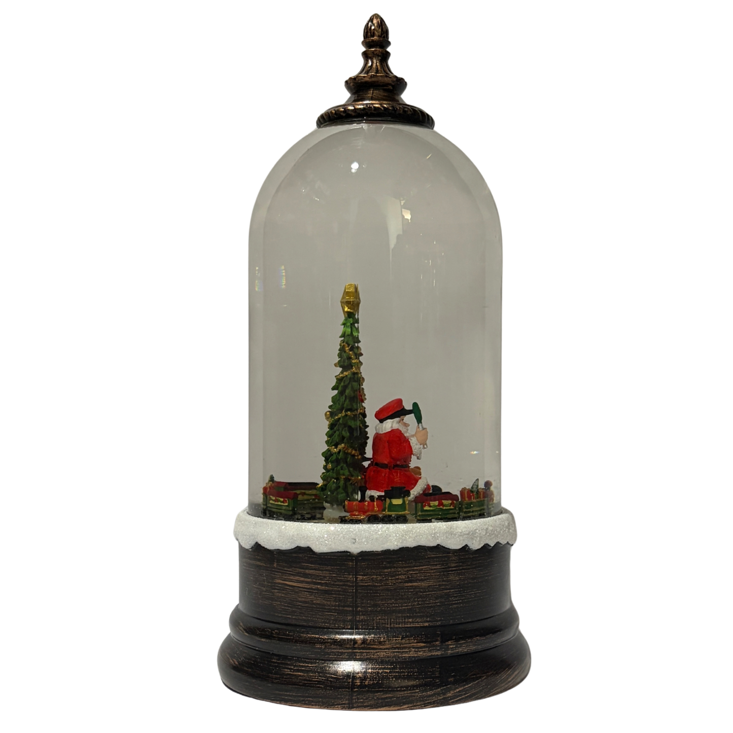 Light up dome with Santa and Christmas tree scene on antique bronze base