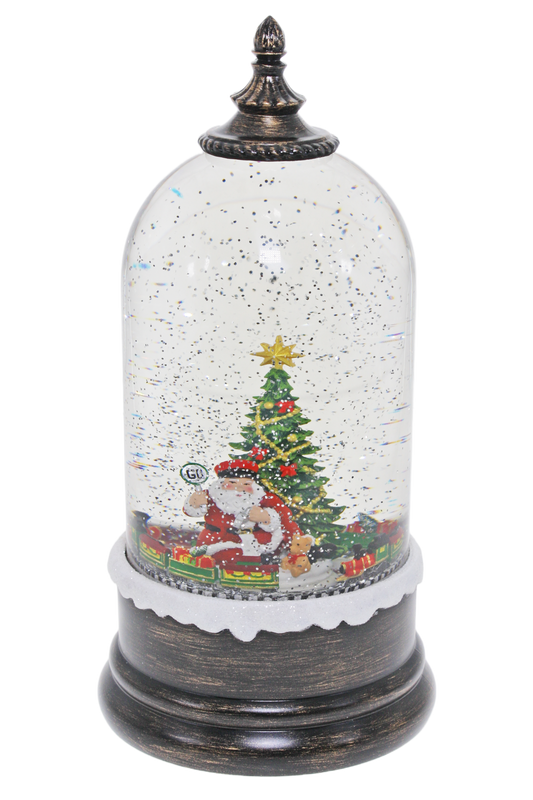 Light up dome with Santa and Christmas tree scene on antique bronze base