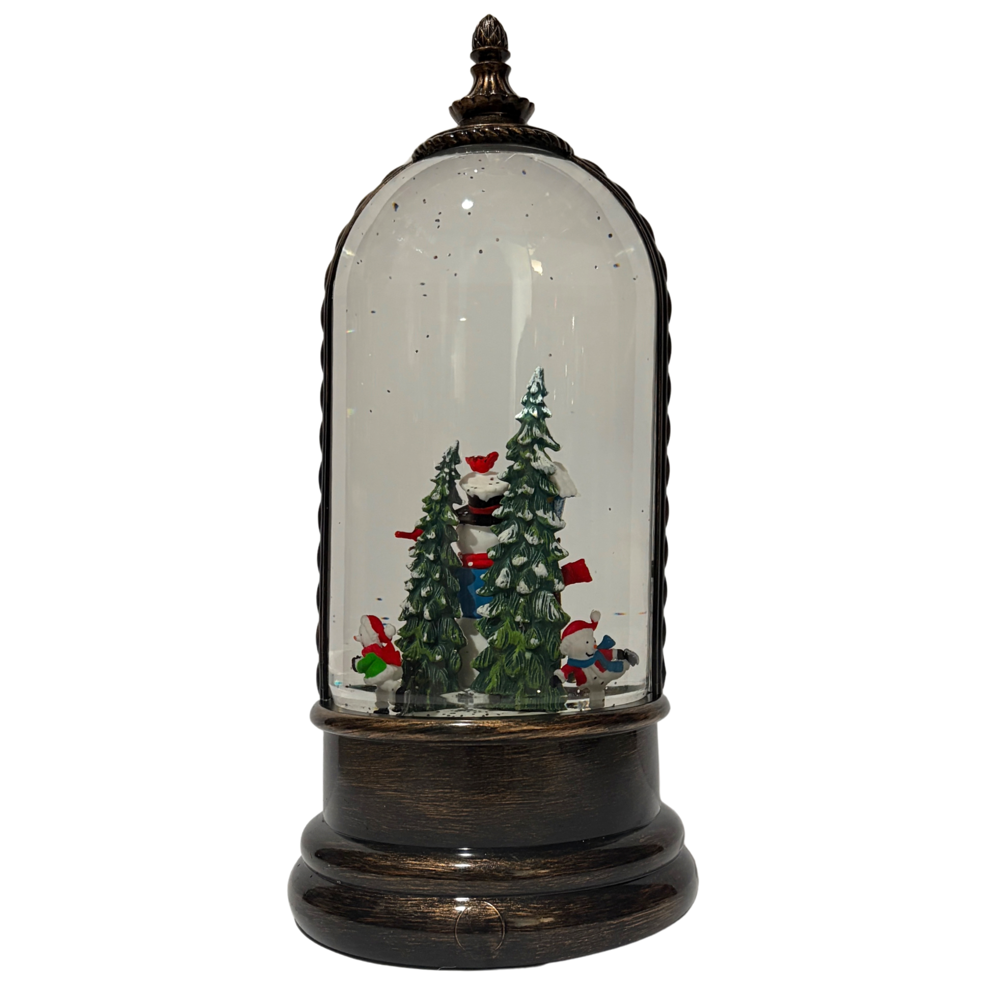 Light up dome with snowman and forest scene on antique bronze base