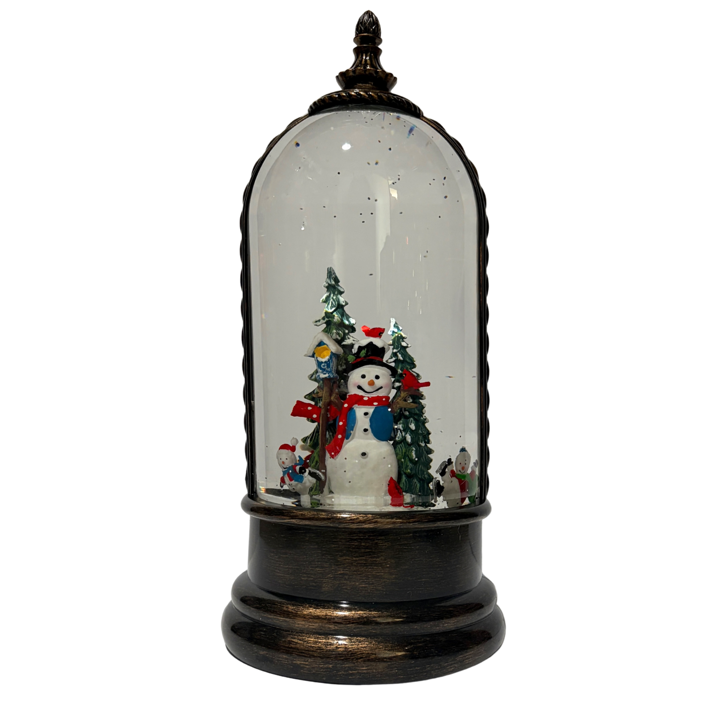 Light up dome with snowman and forest scene on antique bronze base