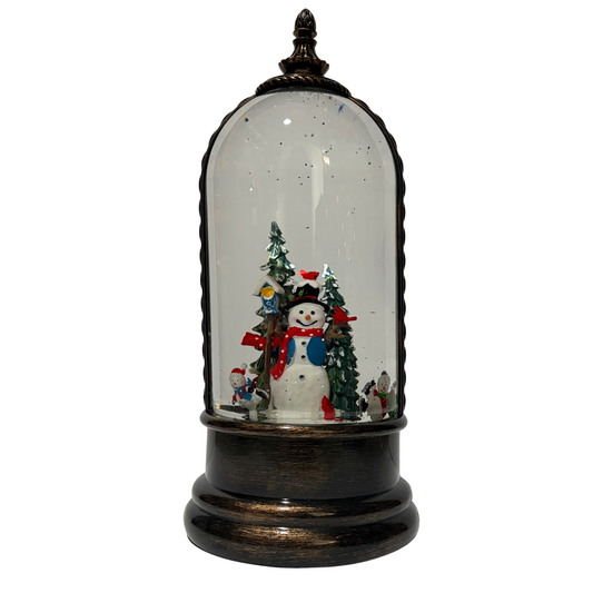 Light up dome with snowman and forest scene on antique bronze base