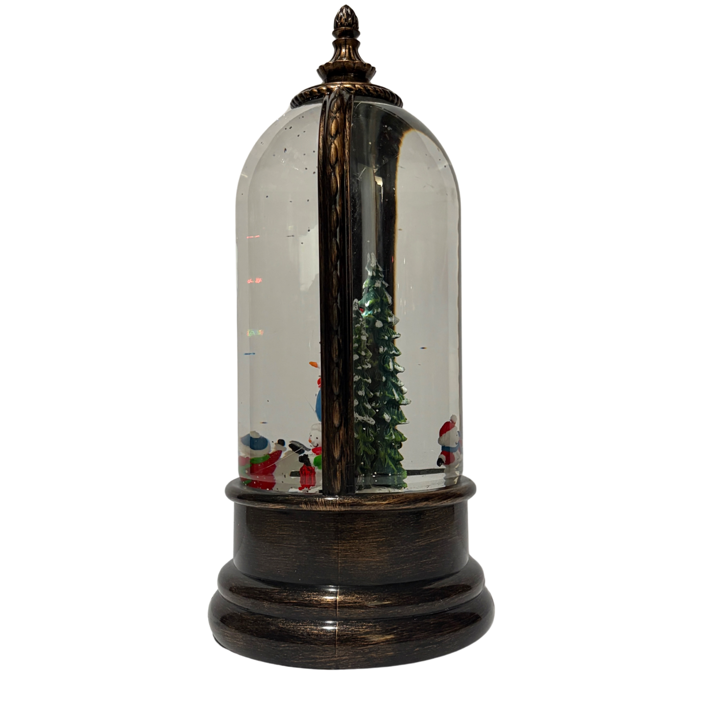 Light up dome with snowman and forest scene on antique bronze base