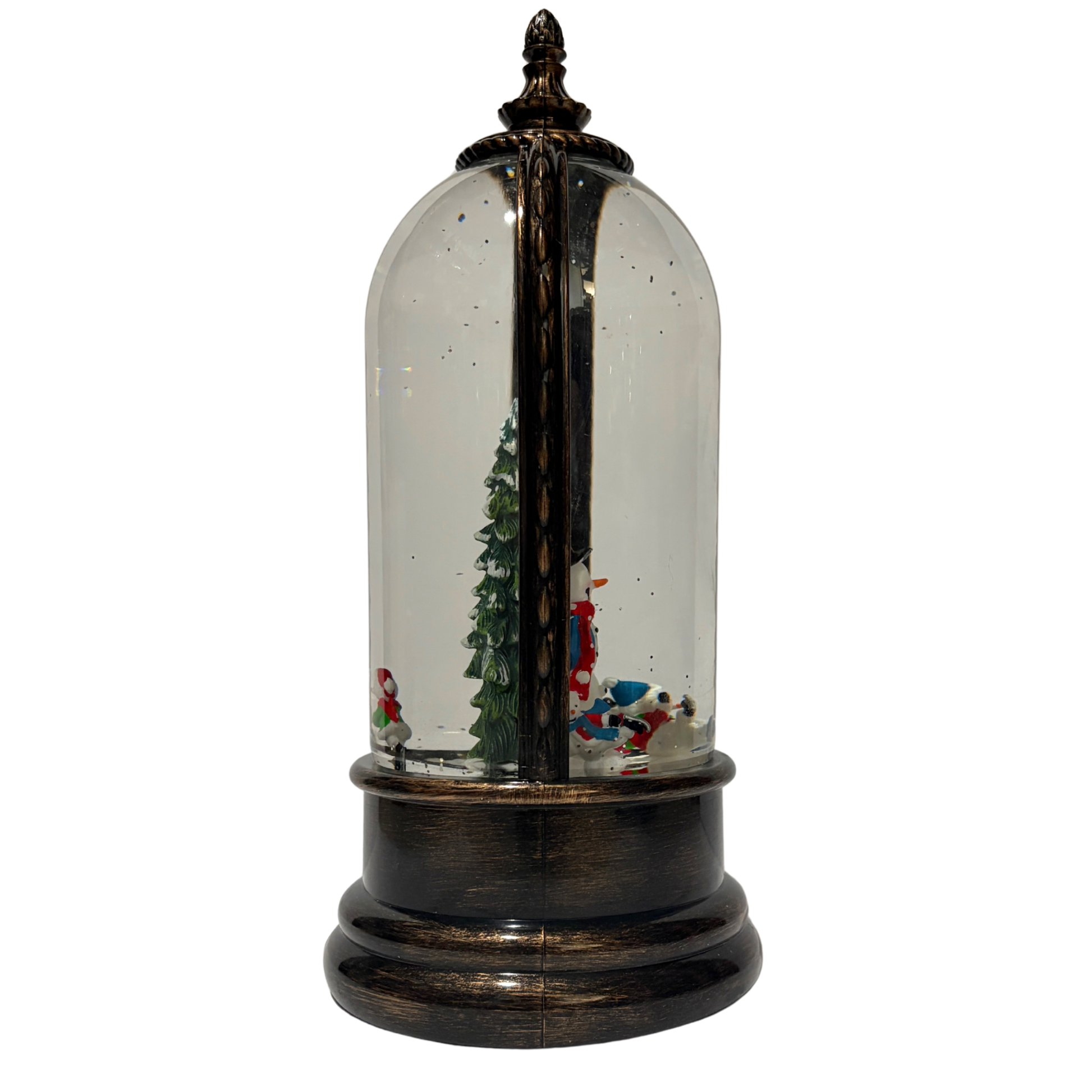 Light up dome with snowman and forest scene on antique bronze base