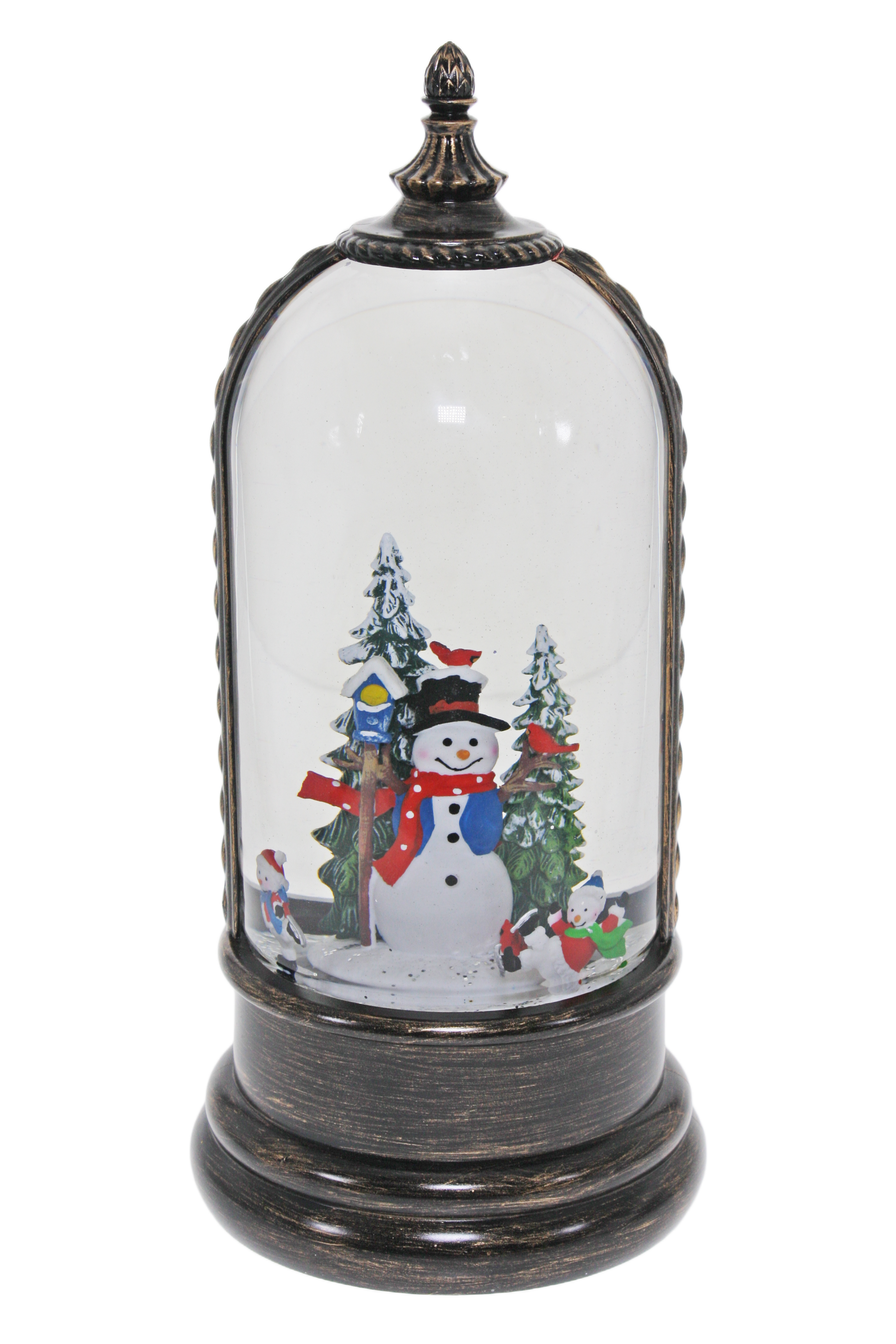 Light up dome with snowman and forest scene on antique bronze base