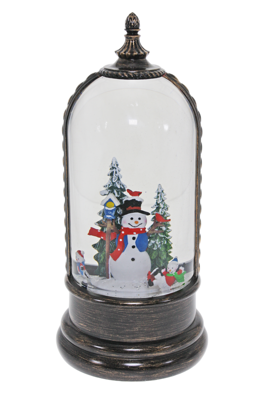Light up dome with snowman and forest scene on antique bronze base