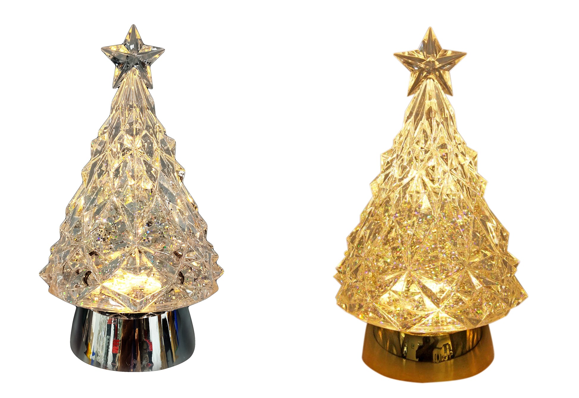 Two decorative Christmas tree lights with star tops on a white background