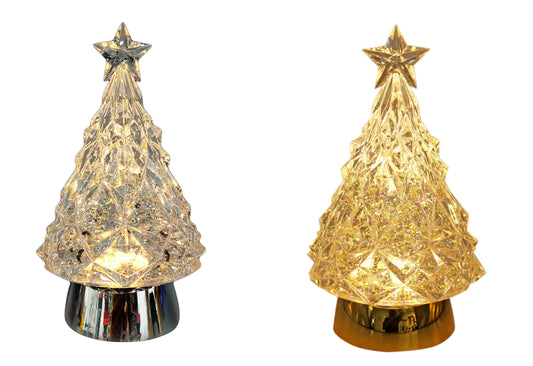 Two decorative Christmas tree lights with star tops on a white background