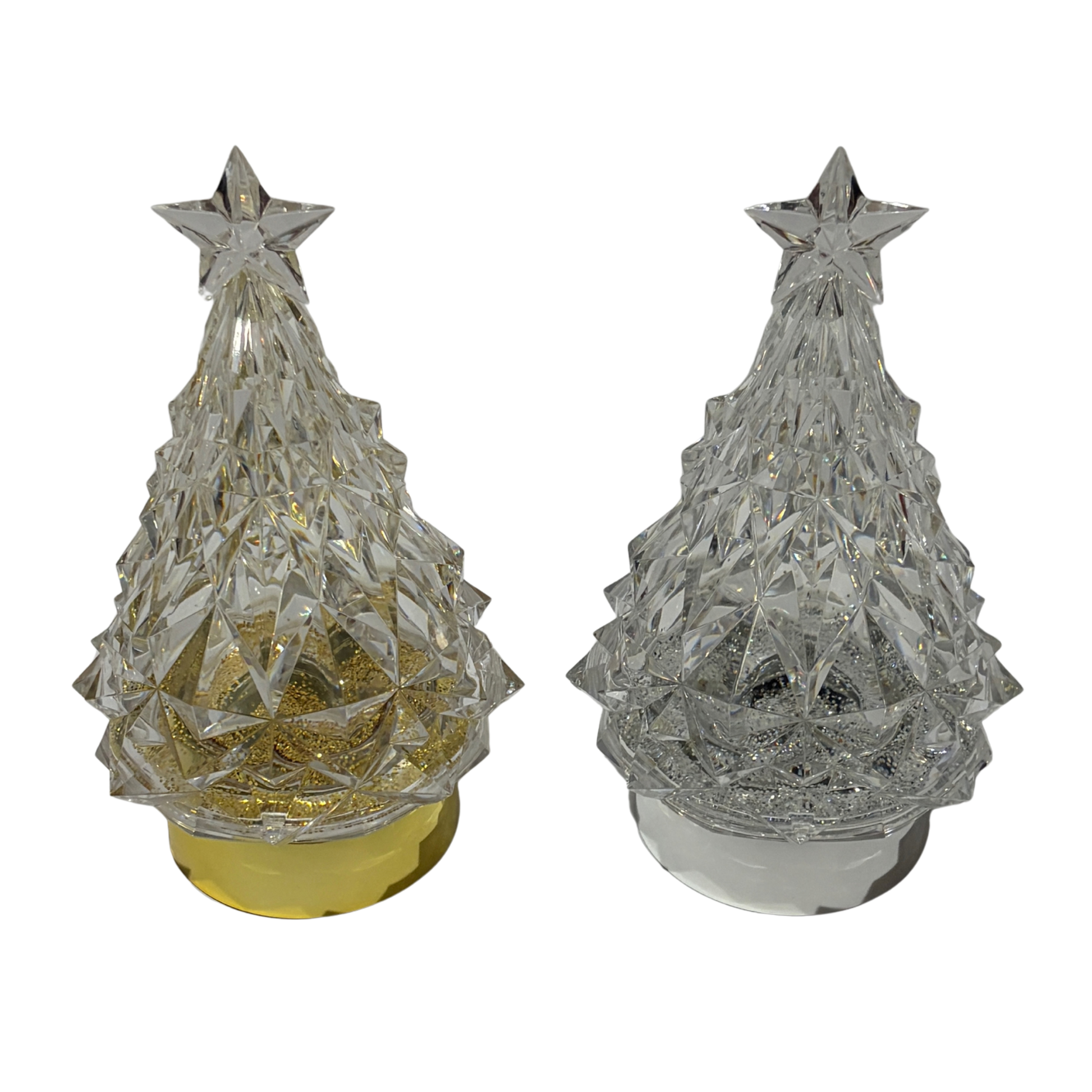 Two crystal Christmas trees with star tops on a white background