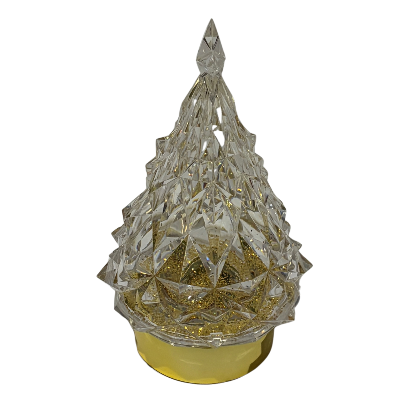 Decorative crystal Christmas tree with gold glitter base on a white background