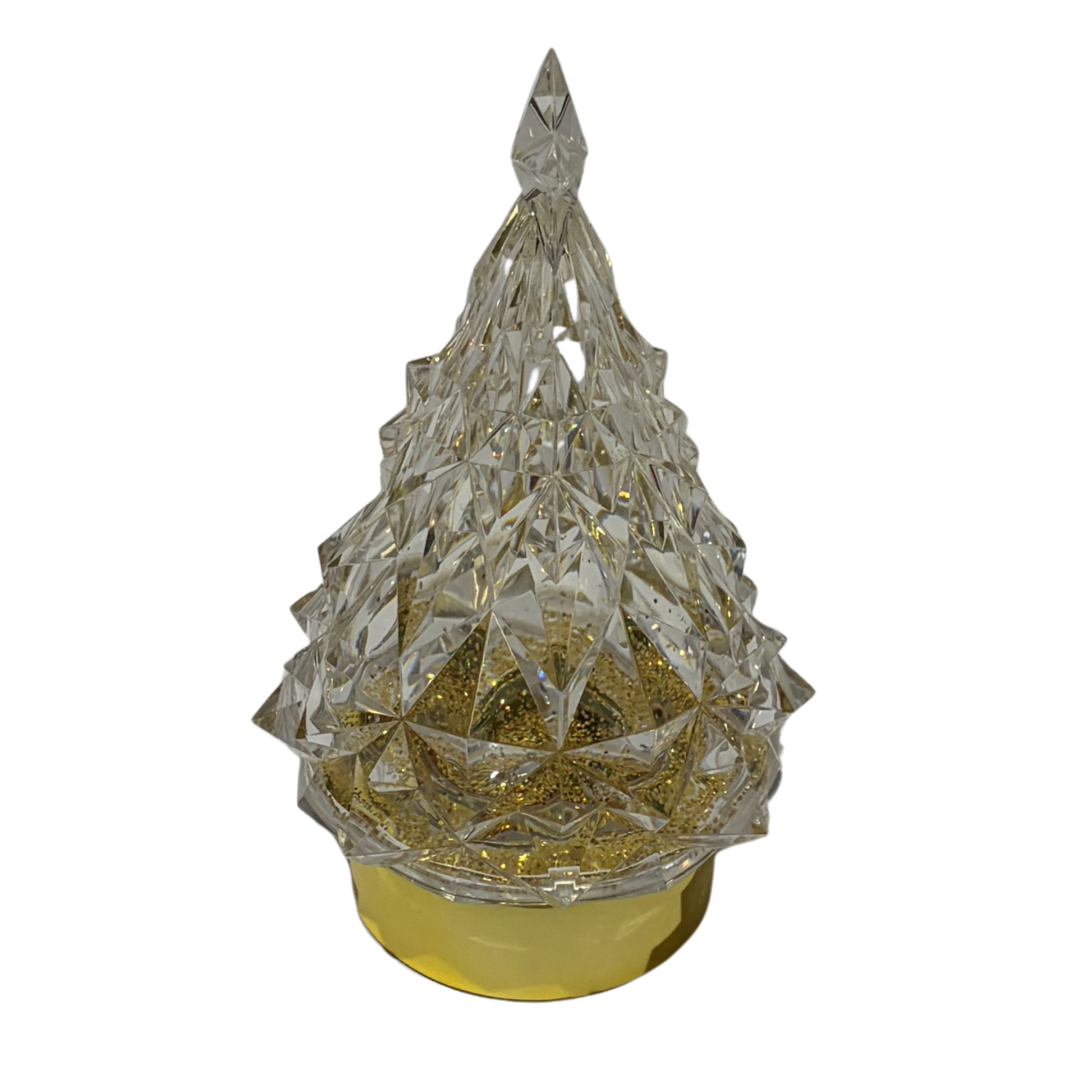 Decorative crystal Christmas tree with gold glitter base on a white background