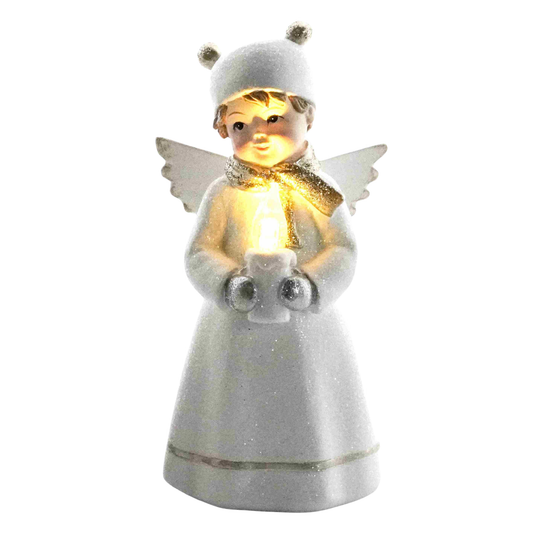White glitter angel figure holding a light-up lantern with silver wings